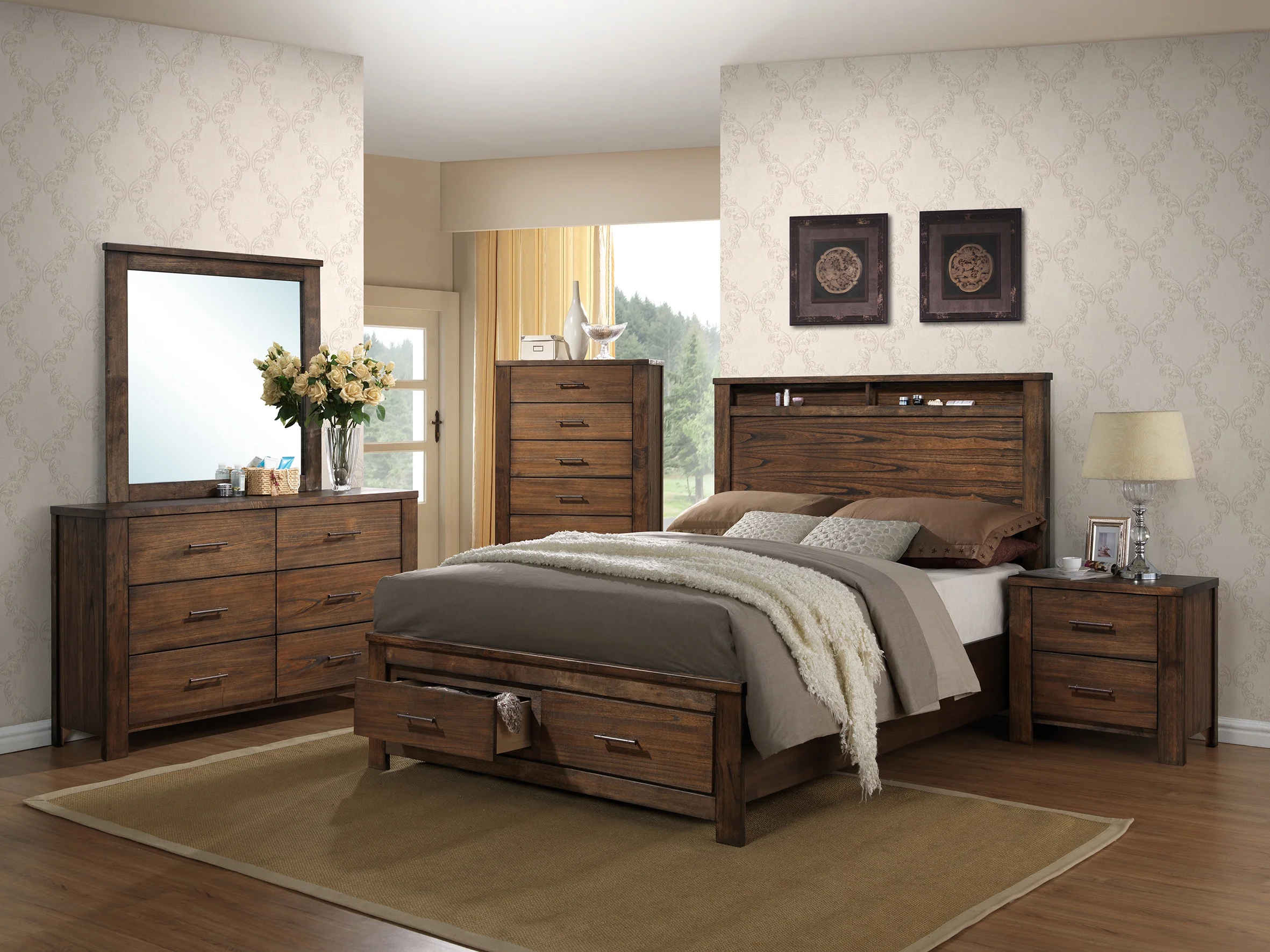 Natural Wood Finish Bedroom Furniture 4pc Set Queen Size Bed Dresser Mirror Nightstand Unique Storage HB FB