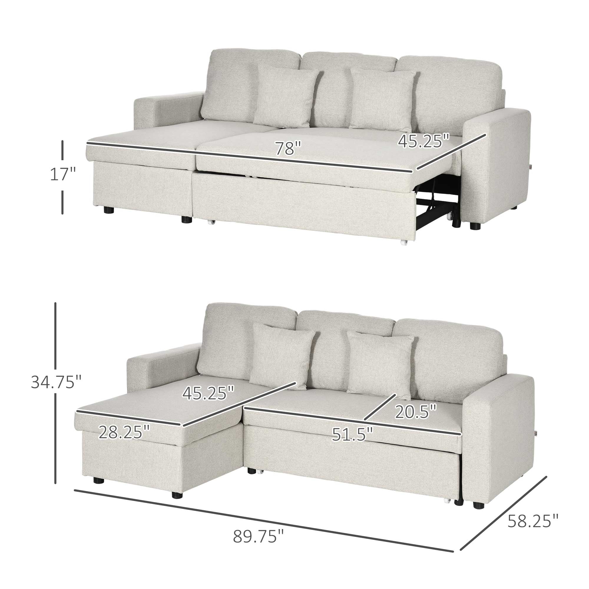 HOMCOM Sectional Sleeper Sofa with Pull out Bed Cream White