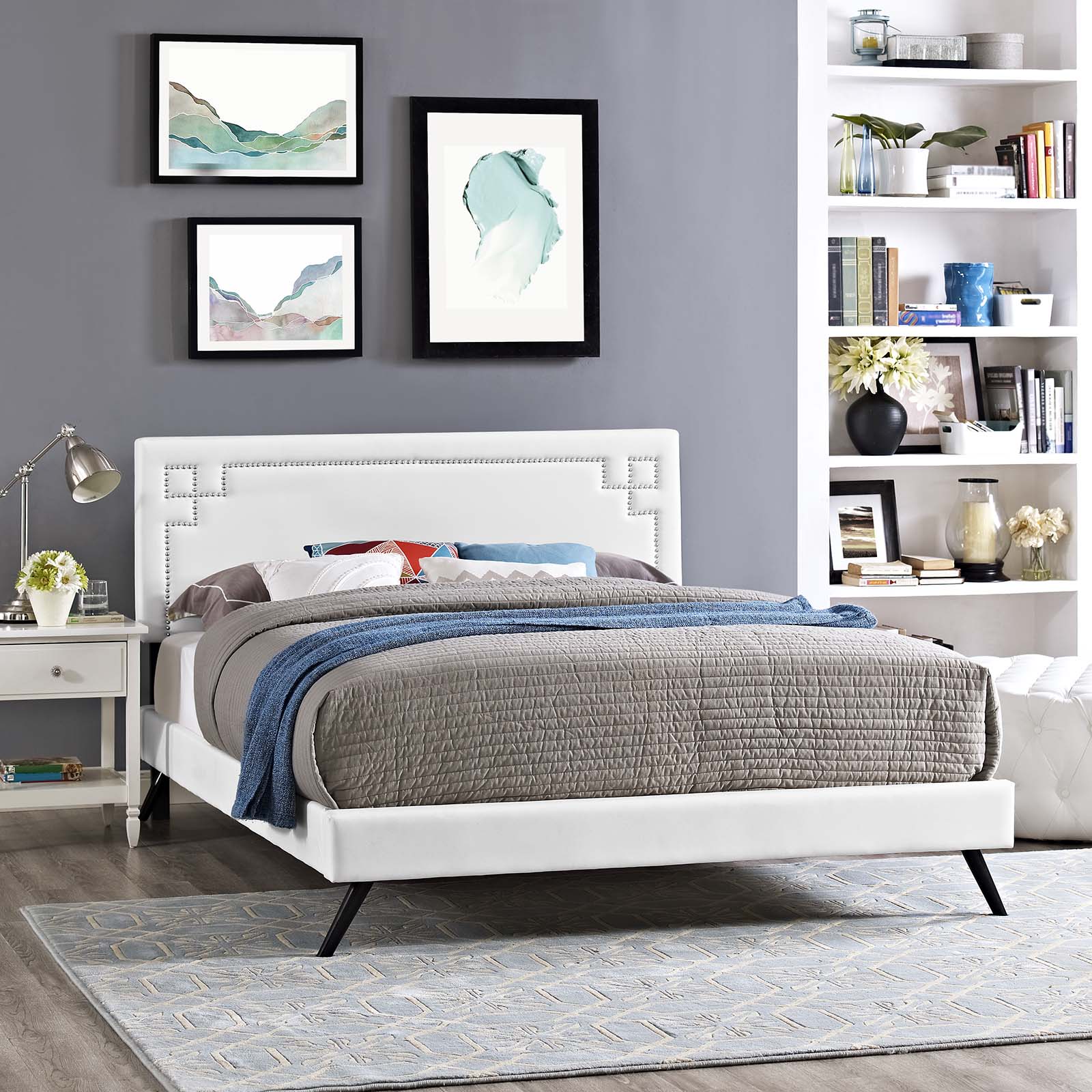 Modern Contemporary Urban Design Bedroom Full Size Platform Bed Frame, Faux Vinyl Leather, White