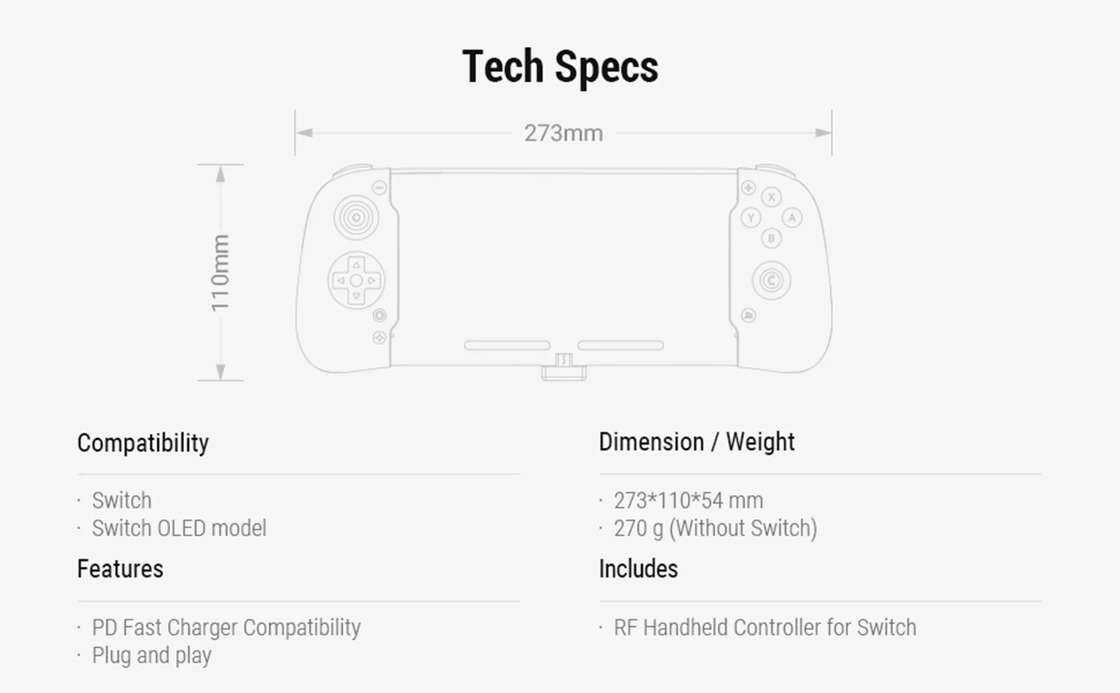 Retroflag Handheld Controller Compatible with Nintendo Switch / Switch OLED Hall Effect Joystick Turbo Function