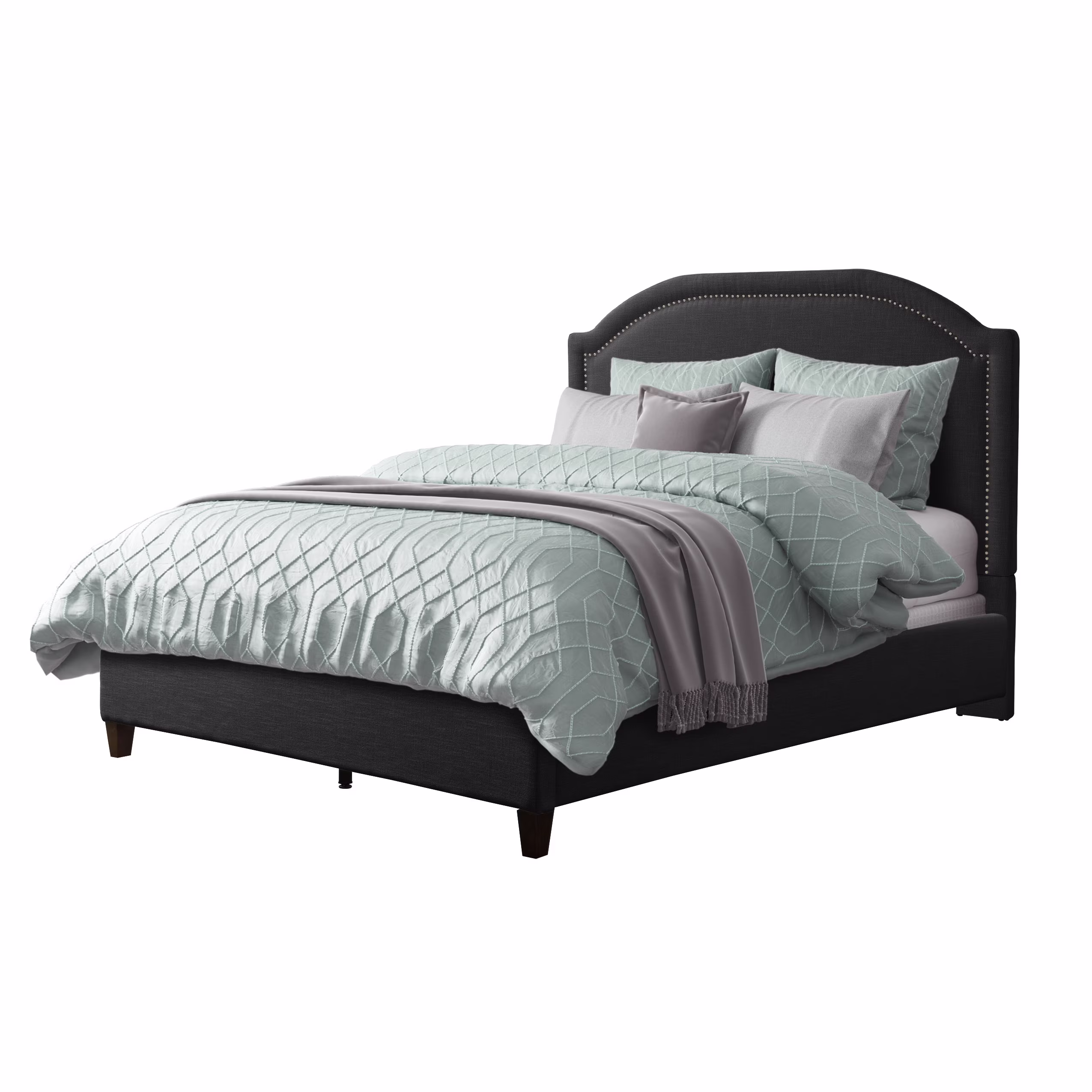 CorLiving FLR-521-Q Dark Grey Fabric Queen Bed Frame with Arched Headboard and Nailhead Trim Accents