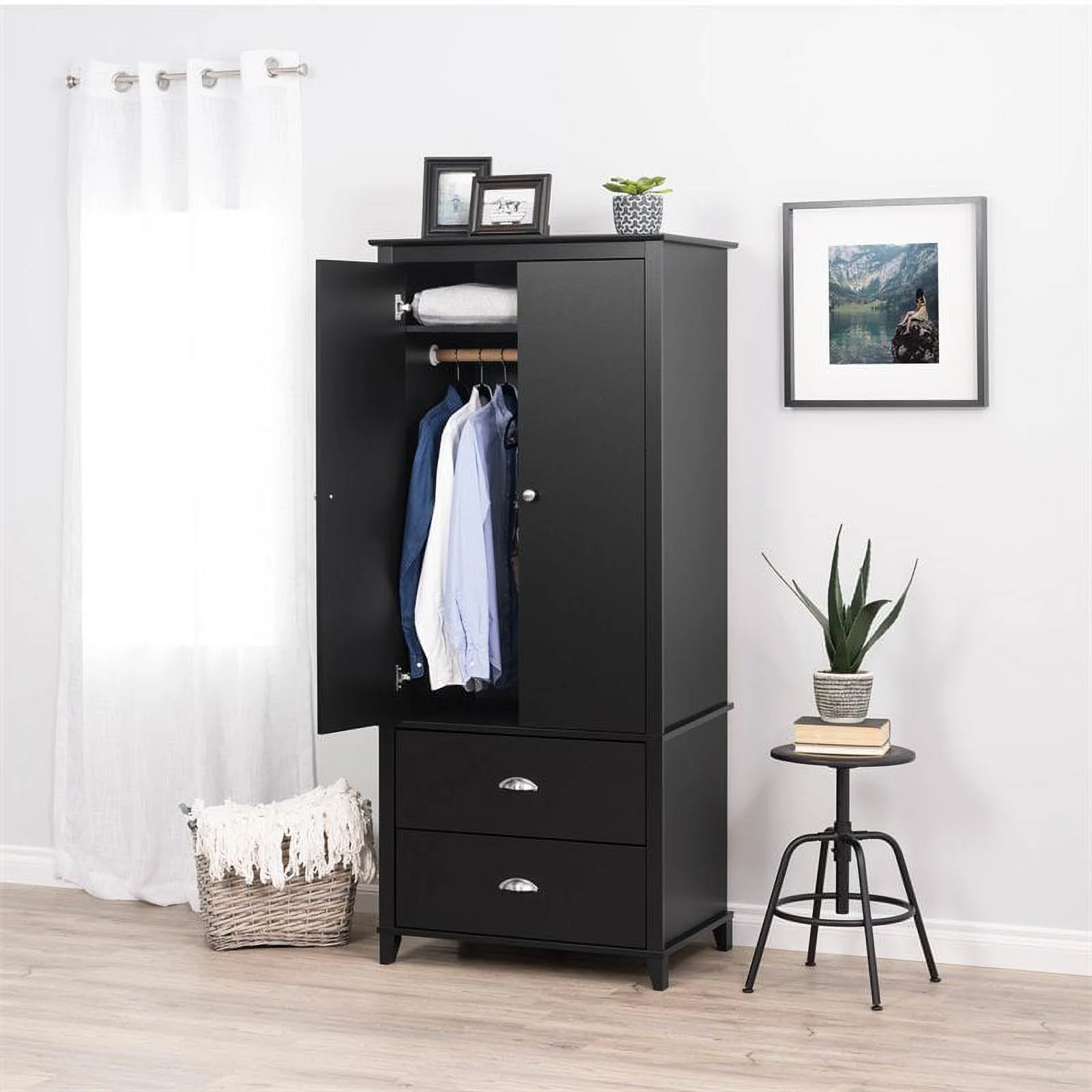 Home Square 3-Piece Set with 2 2-Drawer Nightstands & Wardrobe Armoire in Black