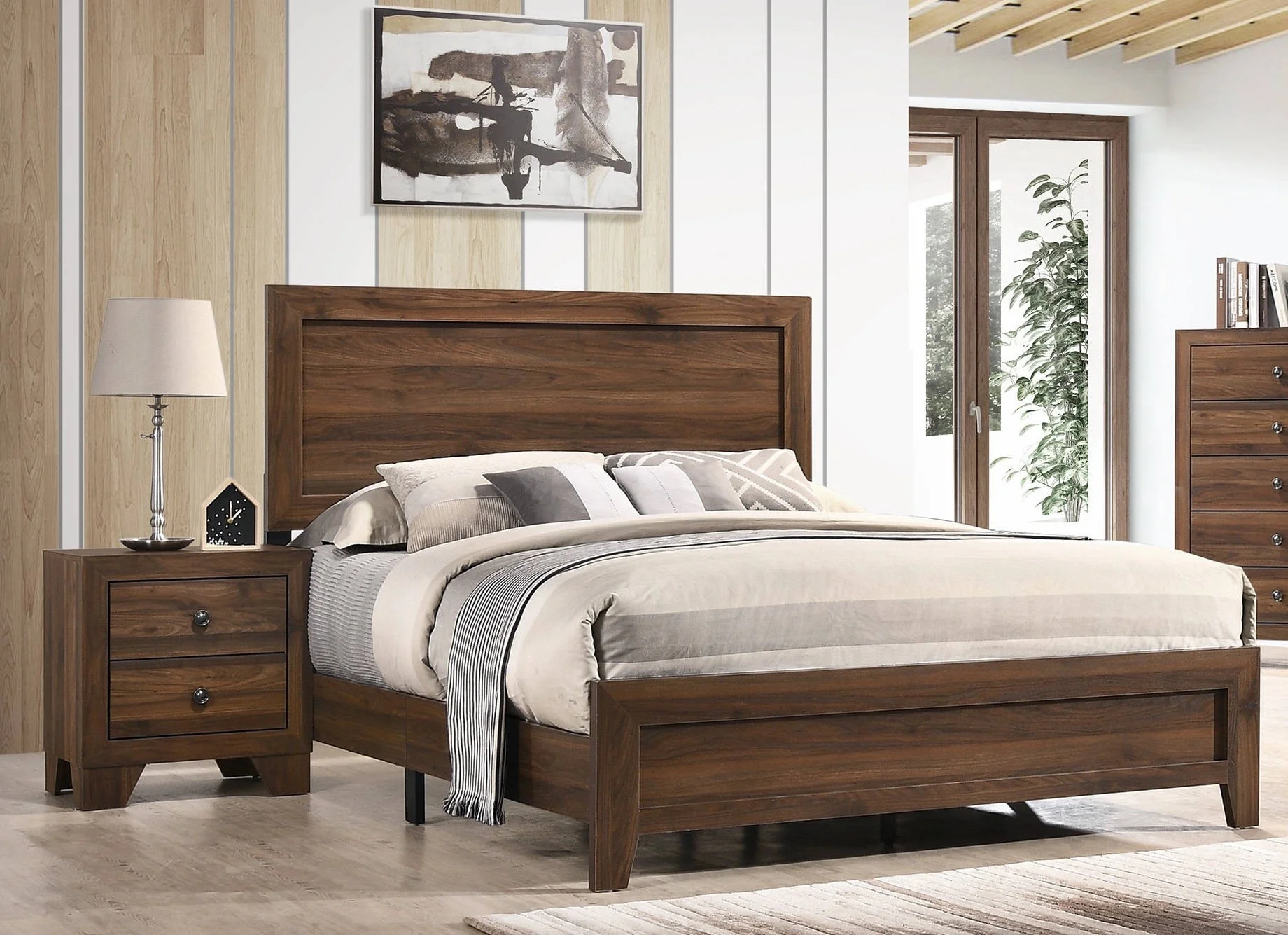 Contemporary 3Pc King Size Panel Bed Nightstand Set Wooden Home Bedroom Furniture Brown Cherry Finish