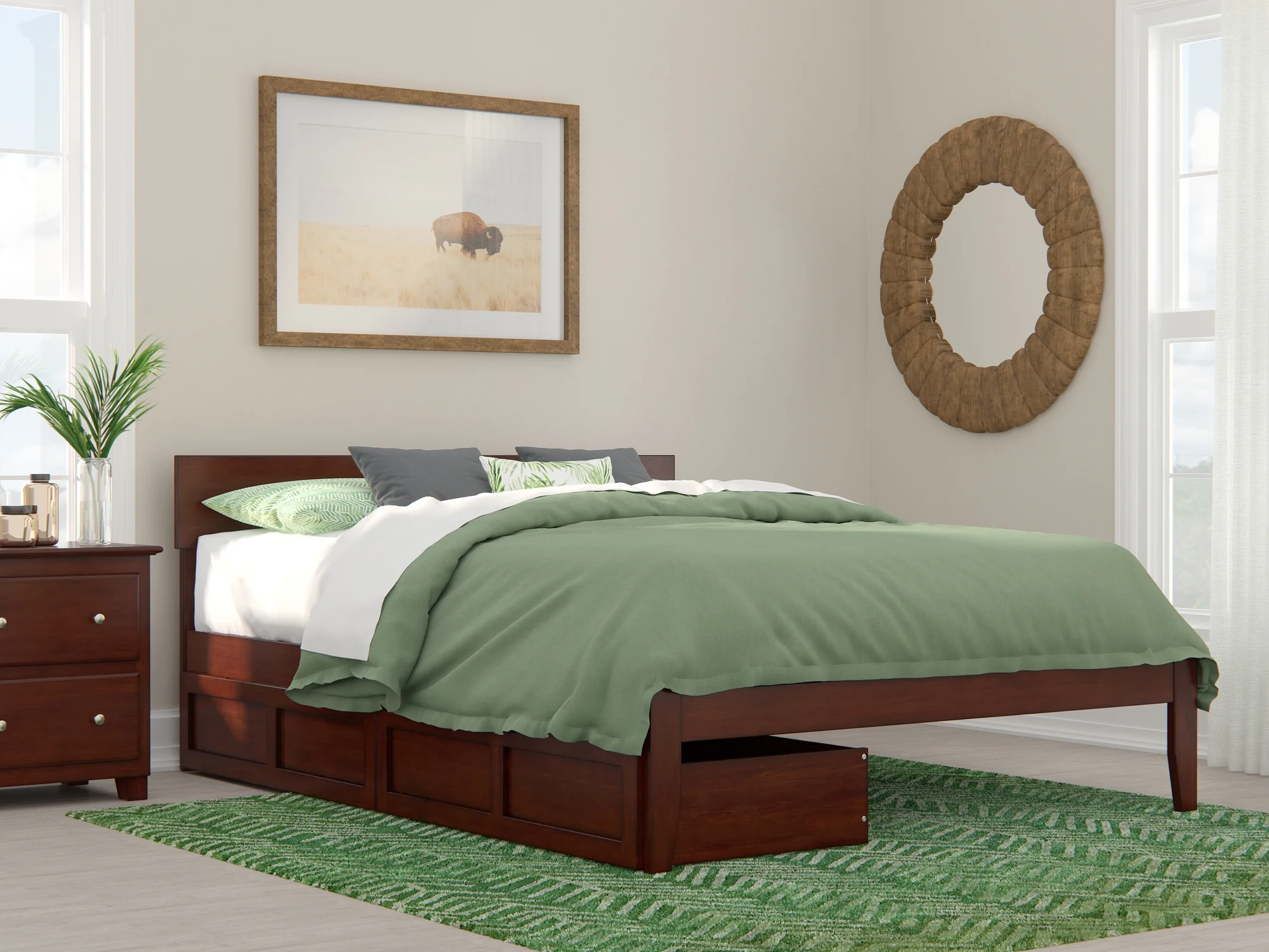 Boston Queen Bed with 2 Extra Long Drawers in Walnut