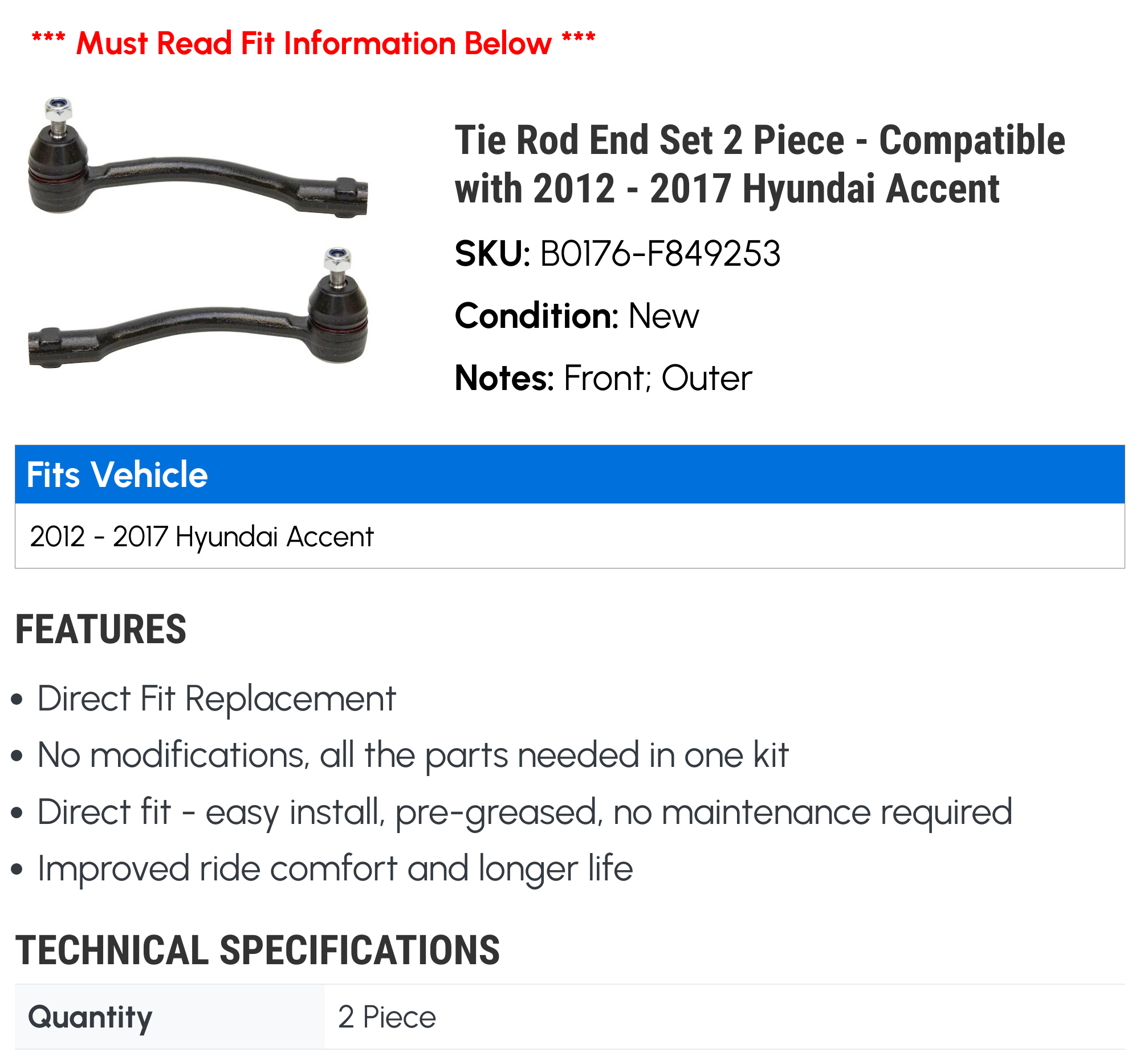 Tie Rod End Set 2 Piece - Compatible with 2012 - 2017 Hyundai Accent 2013 2014 2015 2016