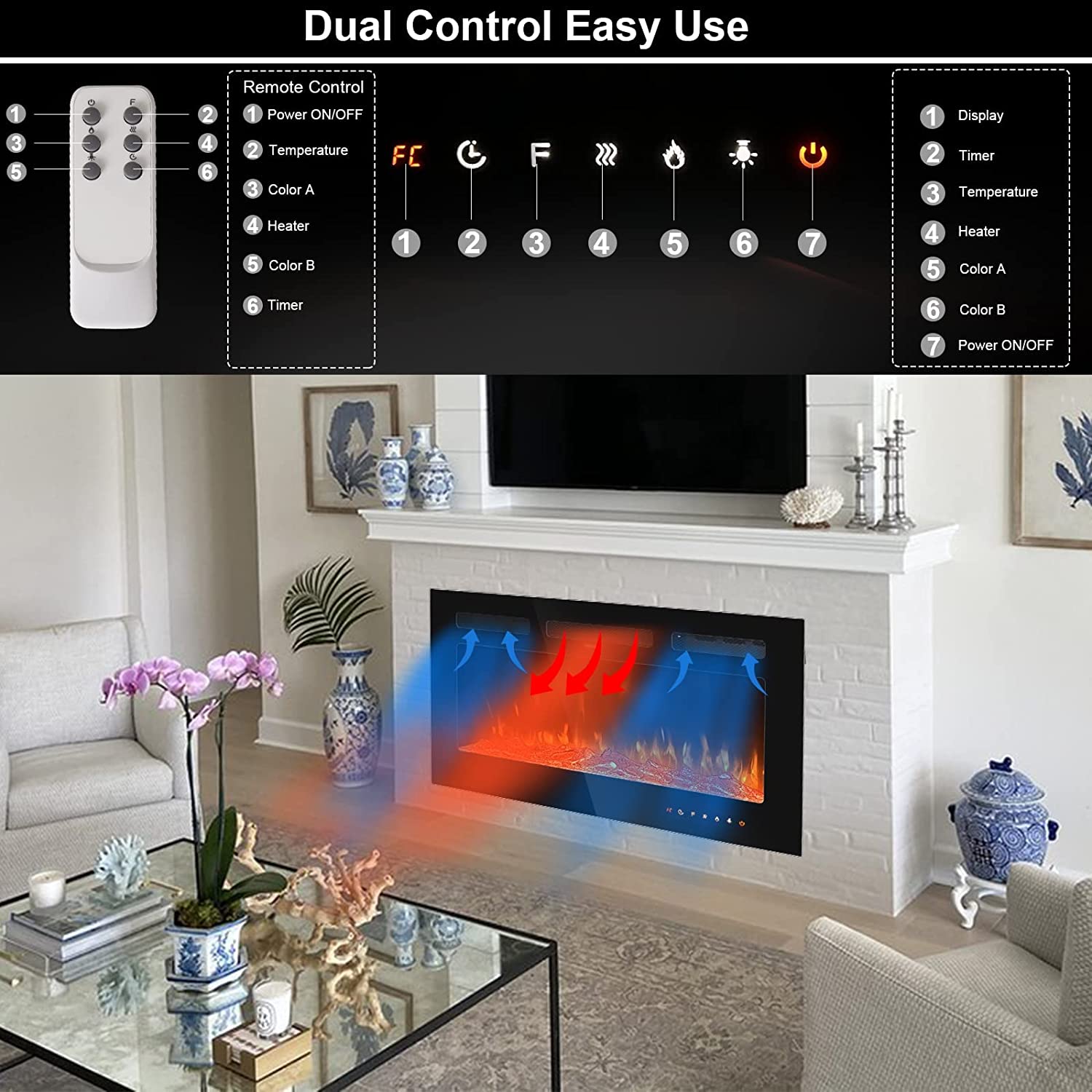 Polar Aurora 36'' Ultra-Thin Electric Fireplace Recessed and Wall Mounted Heater Adjustable Flame with Timer, Remote Control, 750/1500W