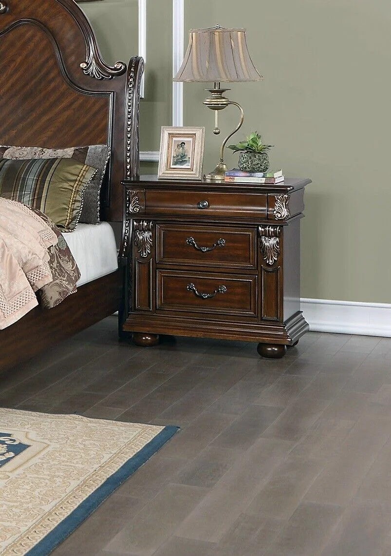 Traditional Formal 4pc Bedroom Set Queen Size Bed Dresser Mirror Nightstand Brown Cherry Finish Wooden Furniture