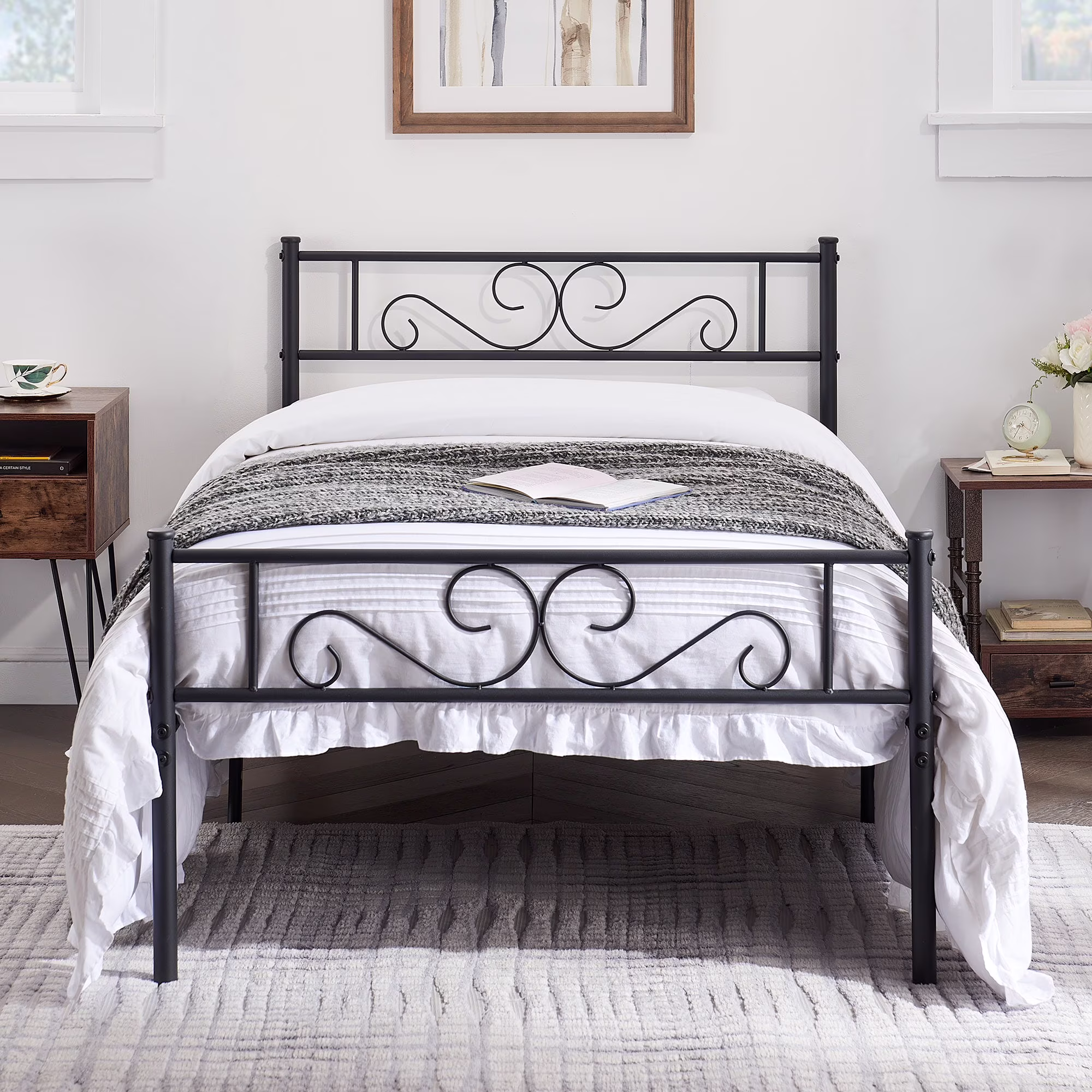 VECELO Twin Size Metal Platform Bed Frame with Modern Headboard & Footboard, No Box Spring Needed, Black