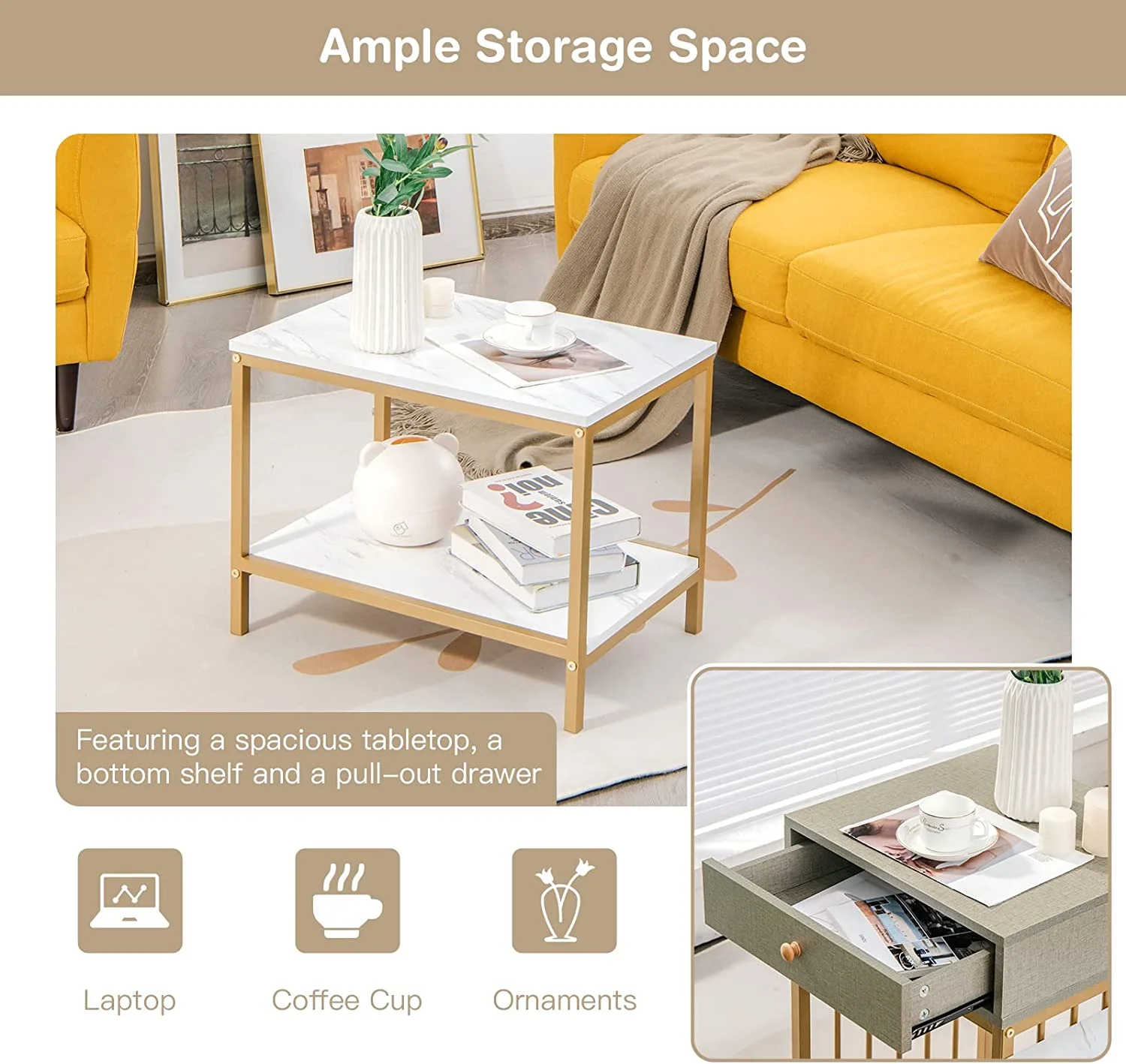 Nesting Coffee Table Set of 2, Rectangular Modern Stacking Living Room Accent Cocktail Tables, 2 in 1 Space-Saving End Table w/Drawer, Sofa Side Tables w/Faux Marble & Linen-Like Top