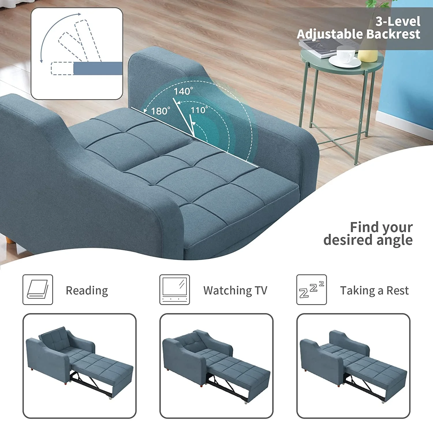 Homrest 3-in-1 Convertible Chair Multi-Functional Sofa Bed Adjustable Recliner(Blue Grey)