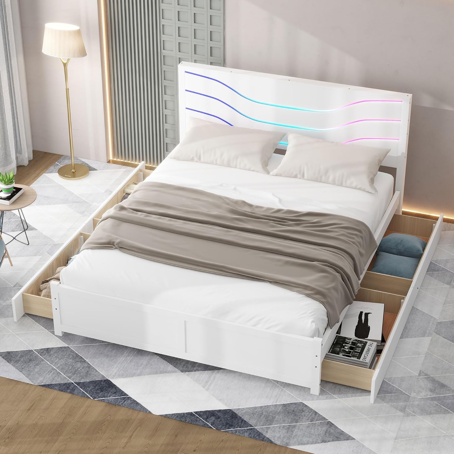 Quee Size Bed Frame With Headboard Ad LED Lights, Wood Platform Bed With 4 Storage Drawers, White
