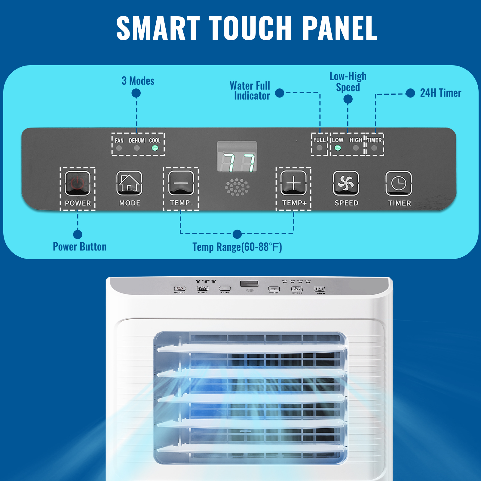 WANAI Compact Air Conditioner 8000 BTU AC Unit Dehumidifier Fan 3-in-1, Room Up to 250 Sq.ft White