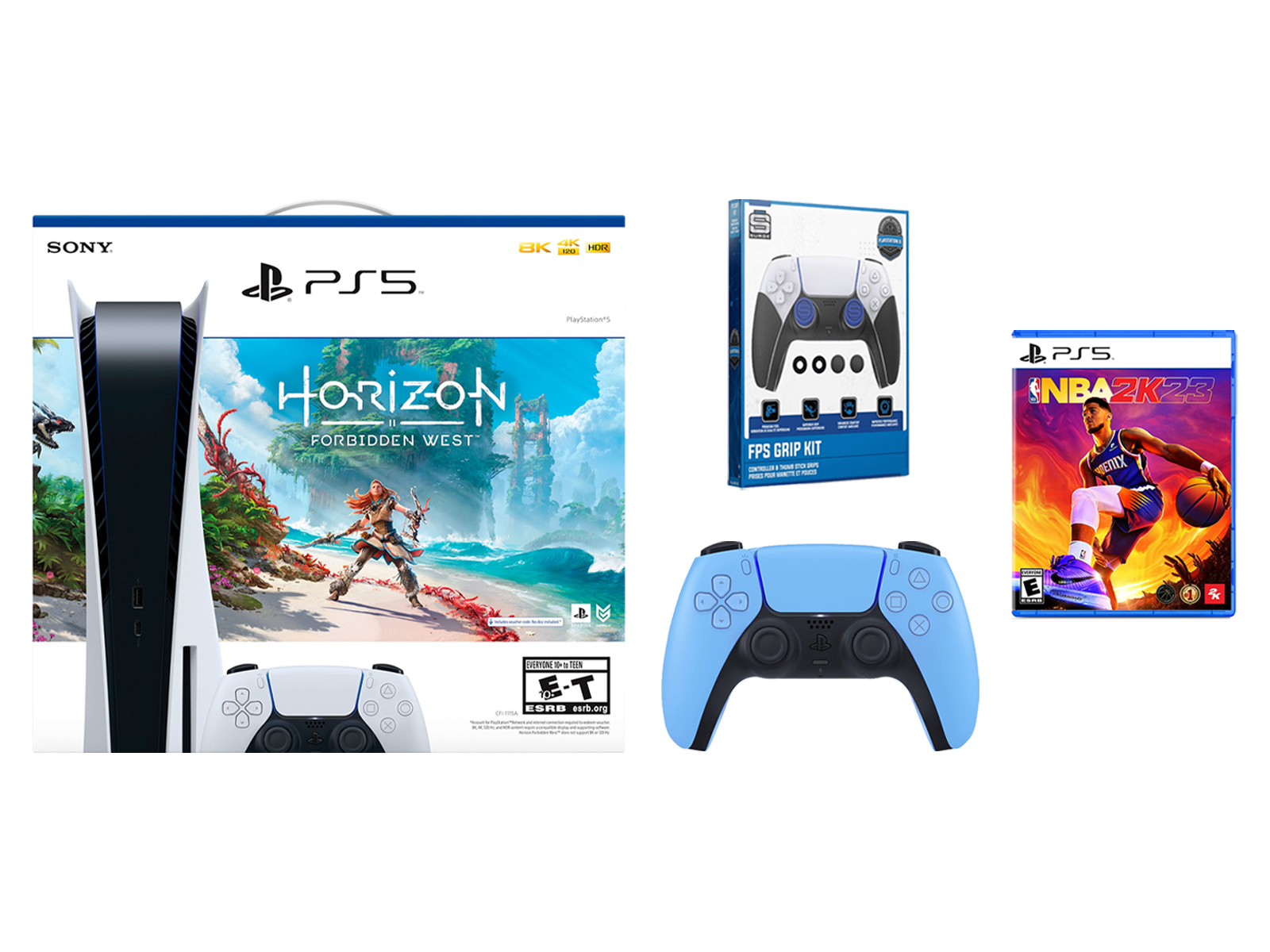 Sony Playstation 5 Disc Horizon Forbidden West with NBA 2K23, Extra Controller and FPS Grip Kit Bundle - Starlight Blue