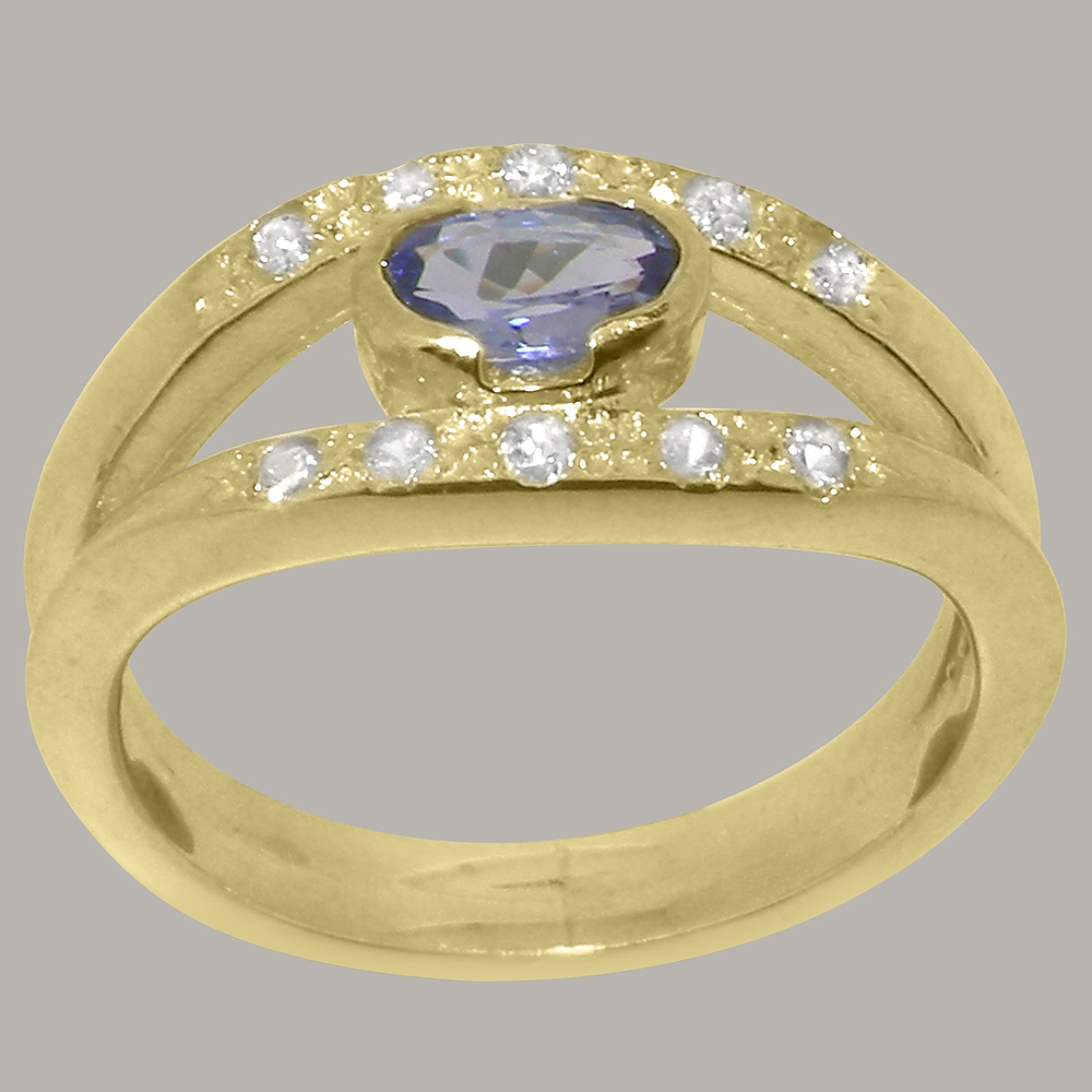 LBG British Made 18k Yellow Gold Natural Tanzanite & Diamond Womens Band Ring - 33 size options - Size 8.5