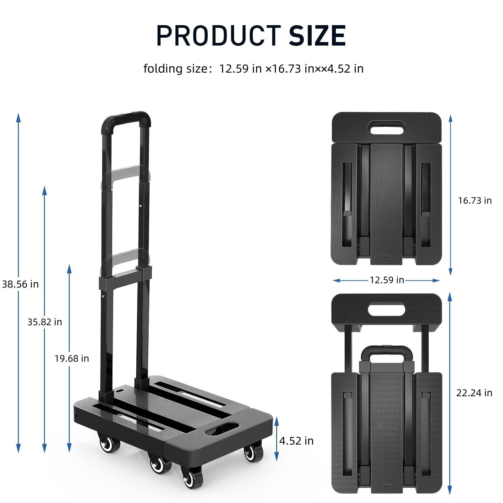 Rongsi Folding Hand Truck, 500 LB Heavy Duty Hand Fold Truck Luggage Cart, Utility Dolly Platform Cart with 6 Wheels & 2 Elastic Ropes for Luggage, Travel, Moving, Shopping, Office Use, Black