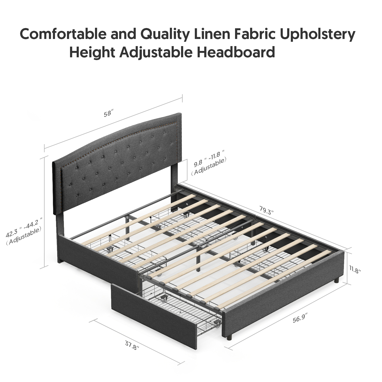 Full Size Storage Bed Frame Upholstered Low Profile Traditional Platform with Tufted and Nail Headboard/No Box Spring Needed/4 Pull Out Drawers/Dark Grey Linen Fabric…