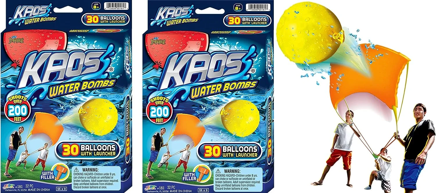 JA-RU KAOS Water Balloon Launcher Slingshot Toy (2 Launcher Set) w/ 30 Water Balloons. Long Range Water Bombs Catapult for Kids & Adults