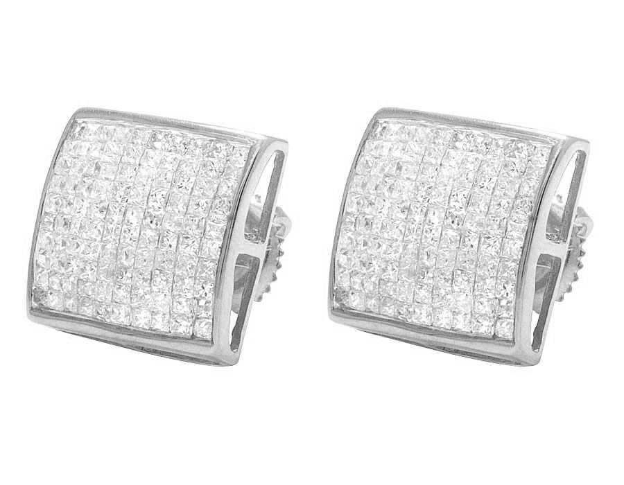 14K White Gold Princess Real Diamond Square Stud Earrings 1.80ct 11MM