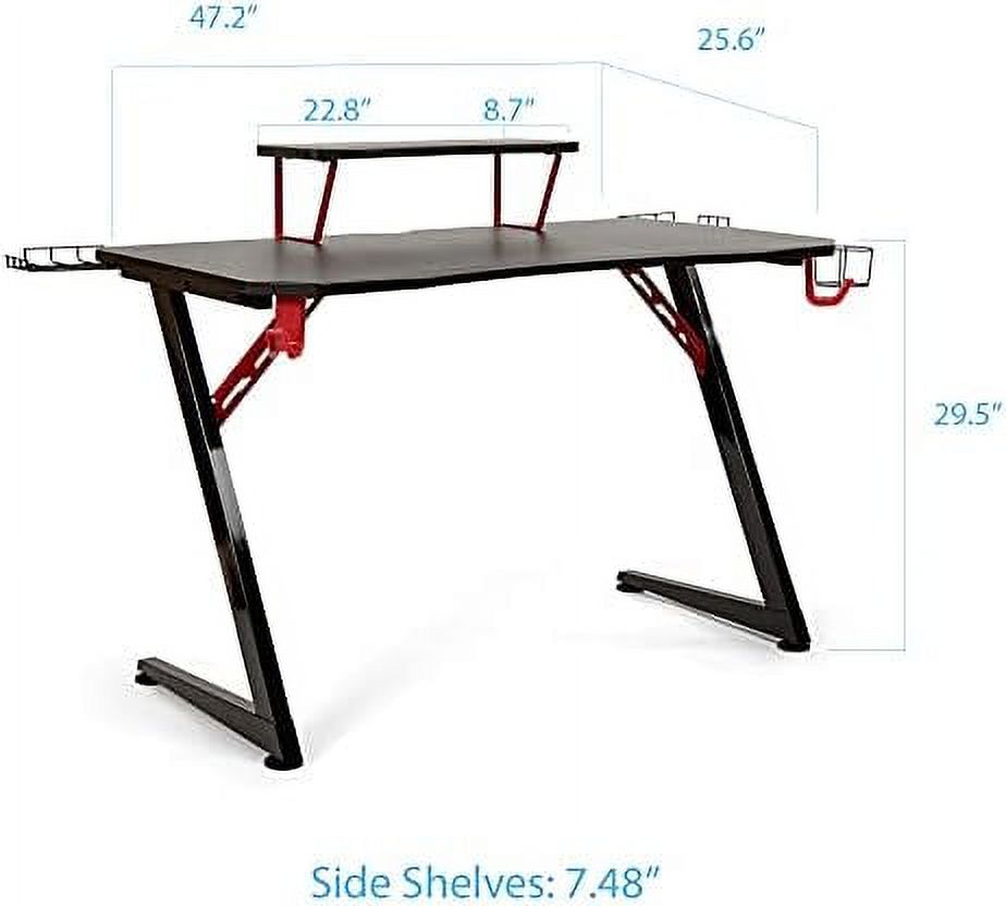 LLBIULife airLIFT Computer Writing Desk w/ Headset  Cup  Speaker Holders  Monitor Riser Table  Modern Work for Home Office Workstation  Black/Red  47" Carbon Fiber Z Frame