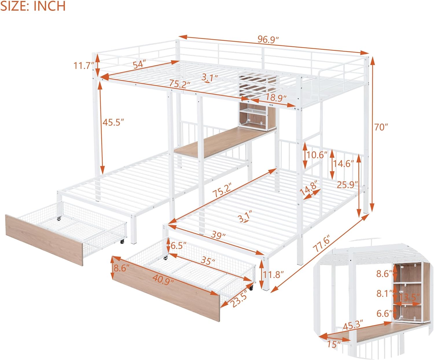 Triple Bunk Bed for 3 Kids, Full Over Twin & Twin Triple Bunk Bed with Drawers, Multi-Functional Metal Bed Frame with Desks and Shelves in The Middle