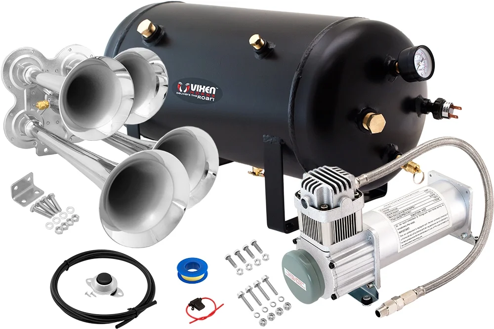 Vixen Horns Train Horn Kit for Trucks/Car/Semi. Complete Onboard System- 200psi Air Compressor, 5 Gallon Tank, 4 Trumpets. Super Loud dB. Fits Vehicles like Pickup/Jeep/RV/SUV 12v VXO8350/4114C