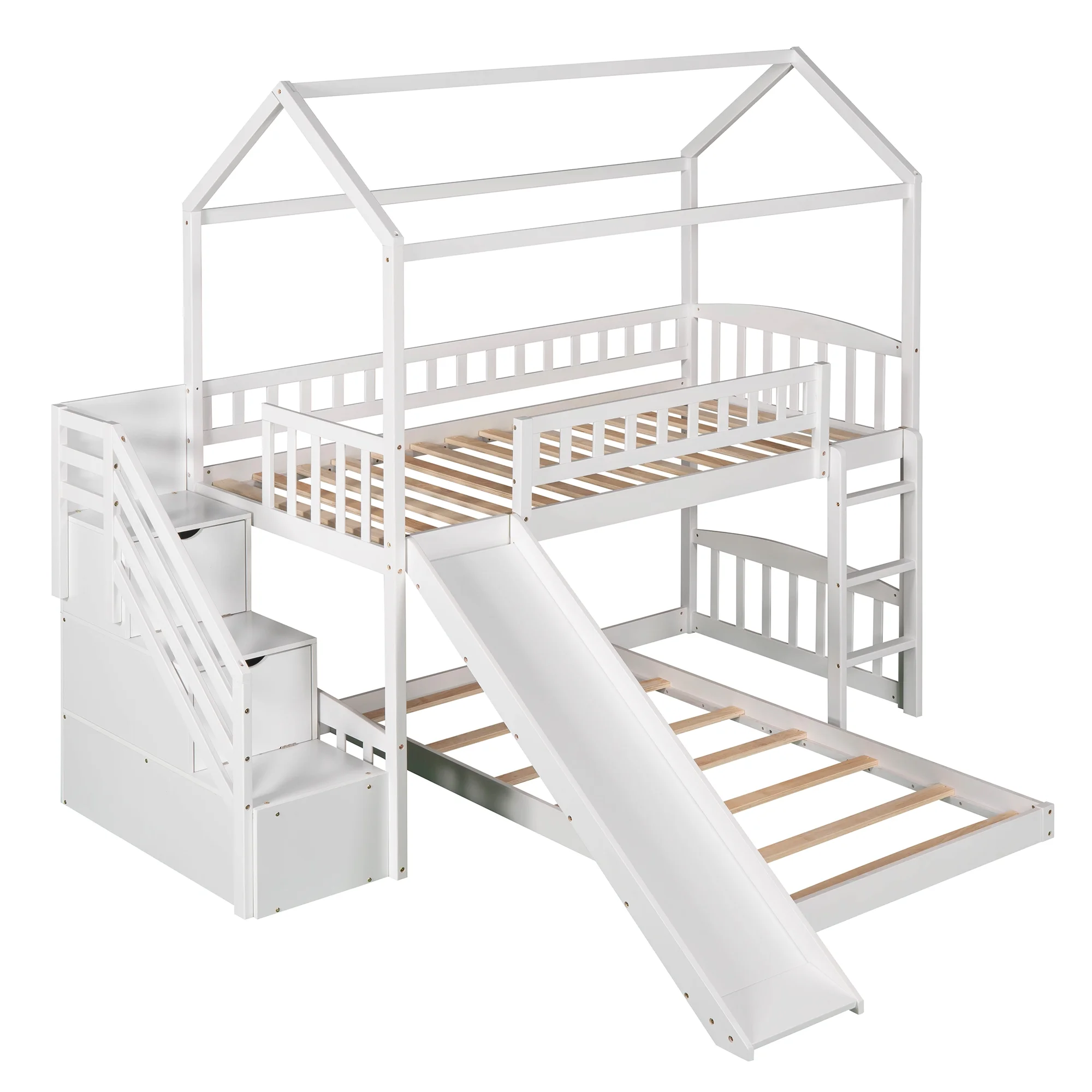 White Twin Over Twin Bunk Bed with Two Drawers and Slide, House Bed with Slide