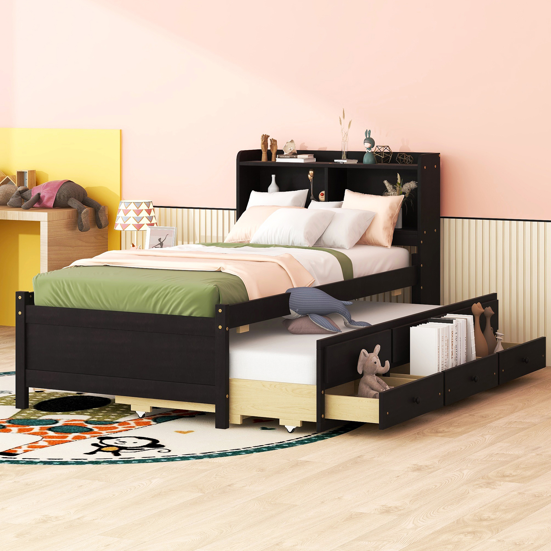 Twin Size Bed with built-in USB ,Type-C Ports, LED light, Bookcase Headboard, Trundle and 3 Storage Drawers, Twin Size Bed with Bookcase Headboard, Trundle and Storage drawers ,Espresso