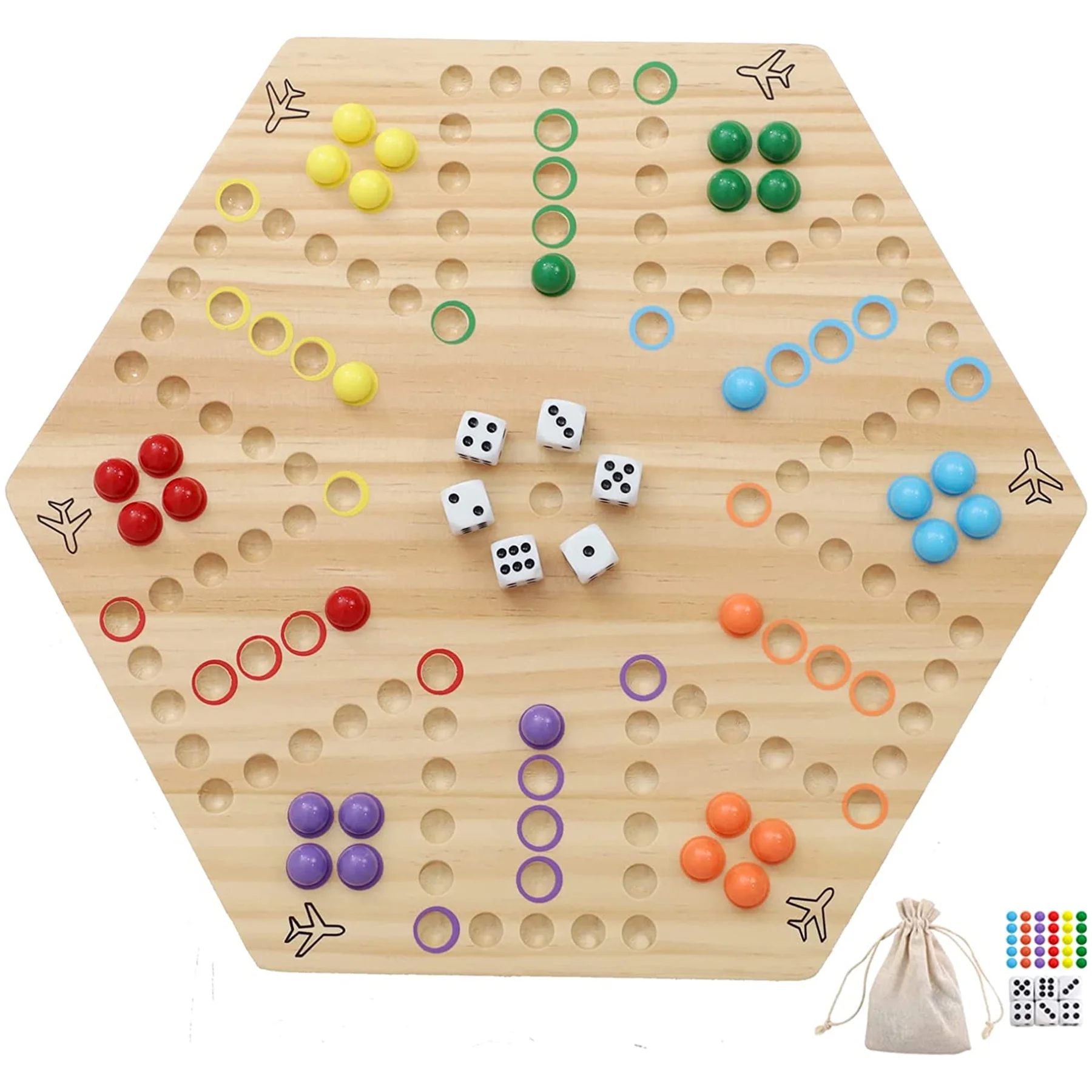 Original Marble Game Wahoo Board Game Double Sided Painted Wooden Fast Track Board Game for 6 and 4 Players 6 Colors 24 Marbles 6 Dice for Family Friends and Party (Oak)
