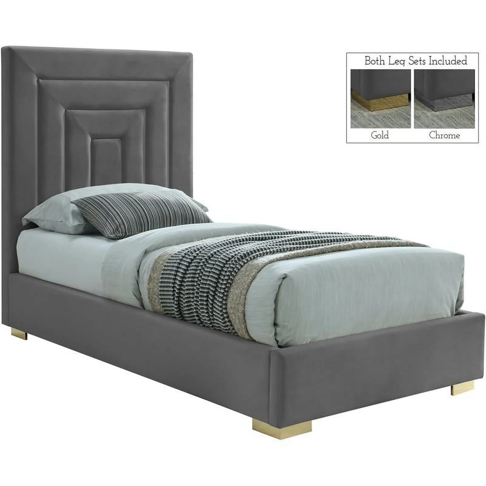 Maklaine Contemporary Gray Velvet Twin Bed with Gold/Chrome Legs Included