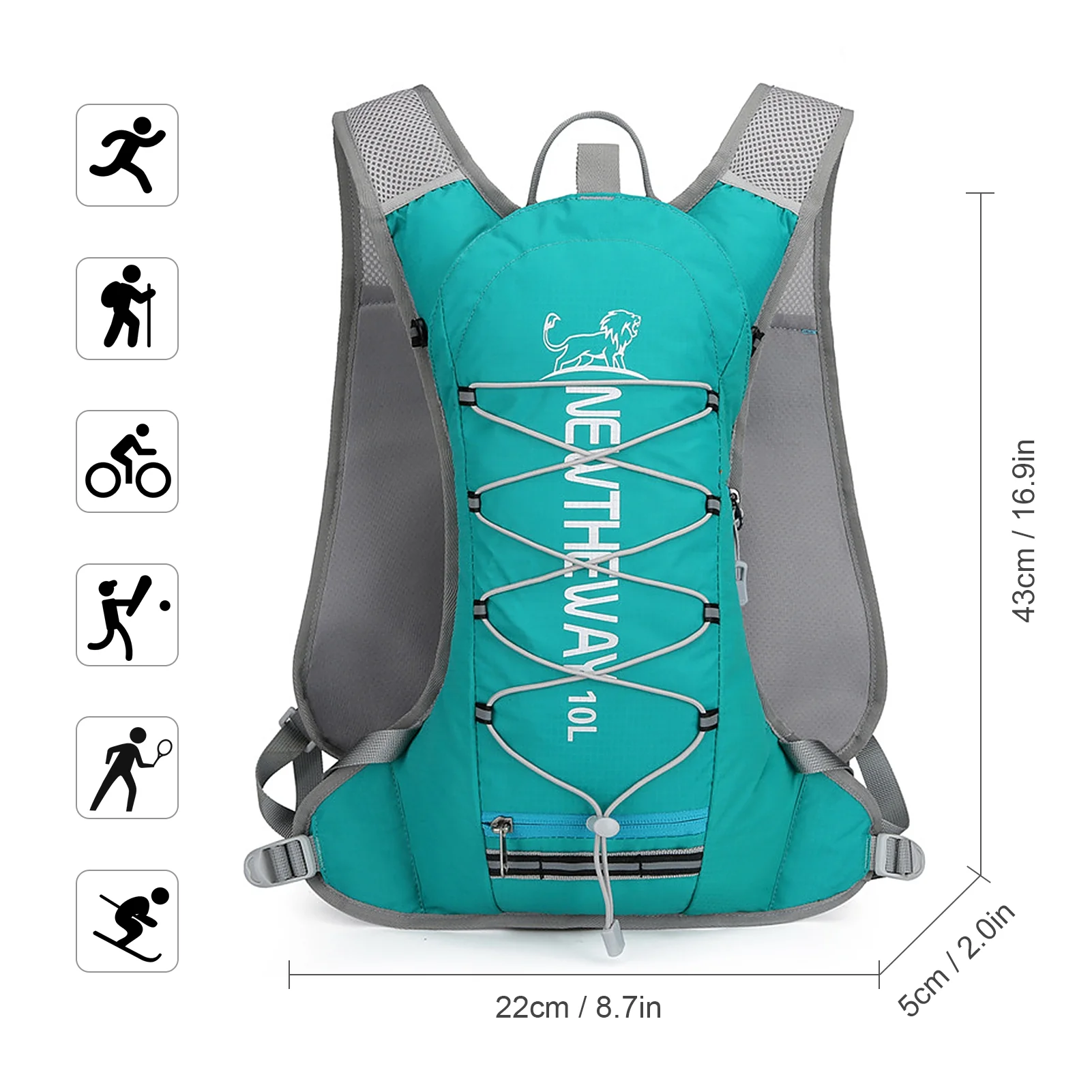 Grey 10L Hydration Backpack Vest Cooler Bag, Lightweight Nylon, Reflective Strips, Cycling Camping Hiking