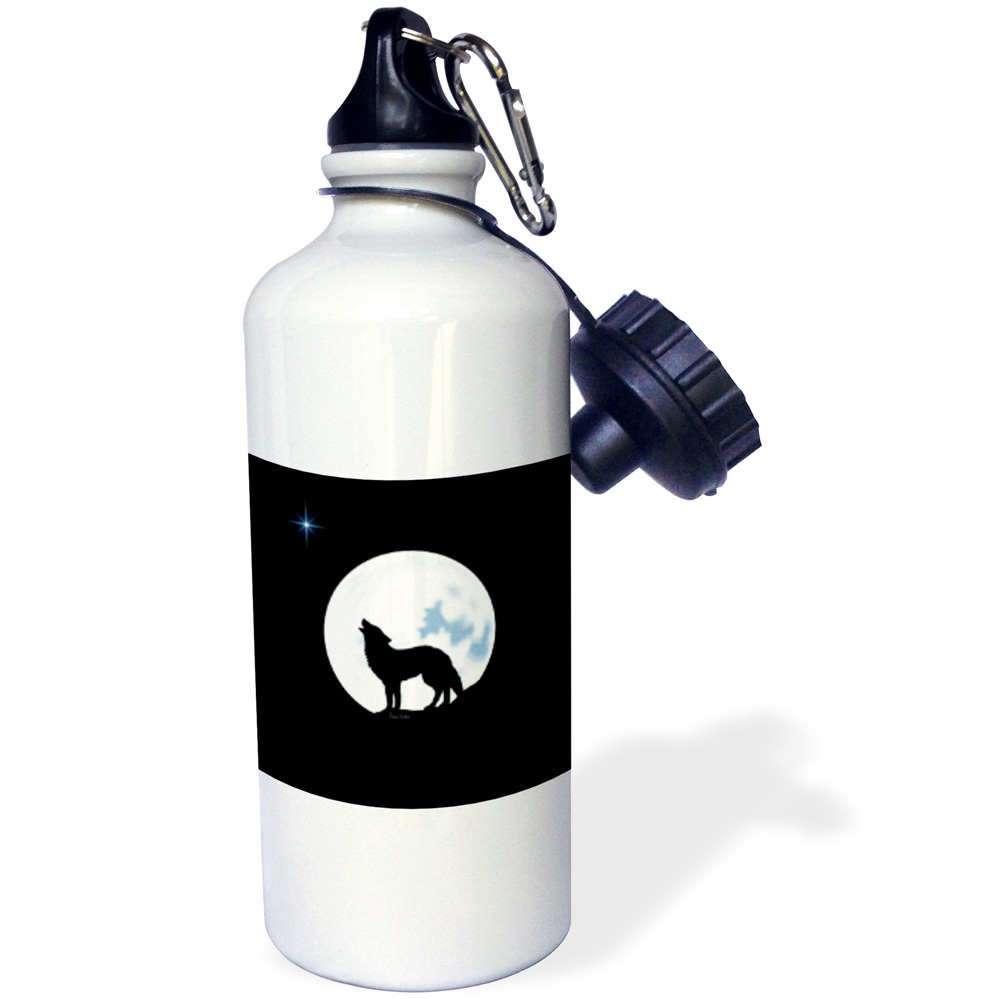 3dRose This artwork features a lone wolf in silhouette howling beneath the bright full moon, Sports Water Bottle, 21oz