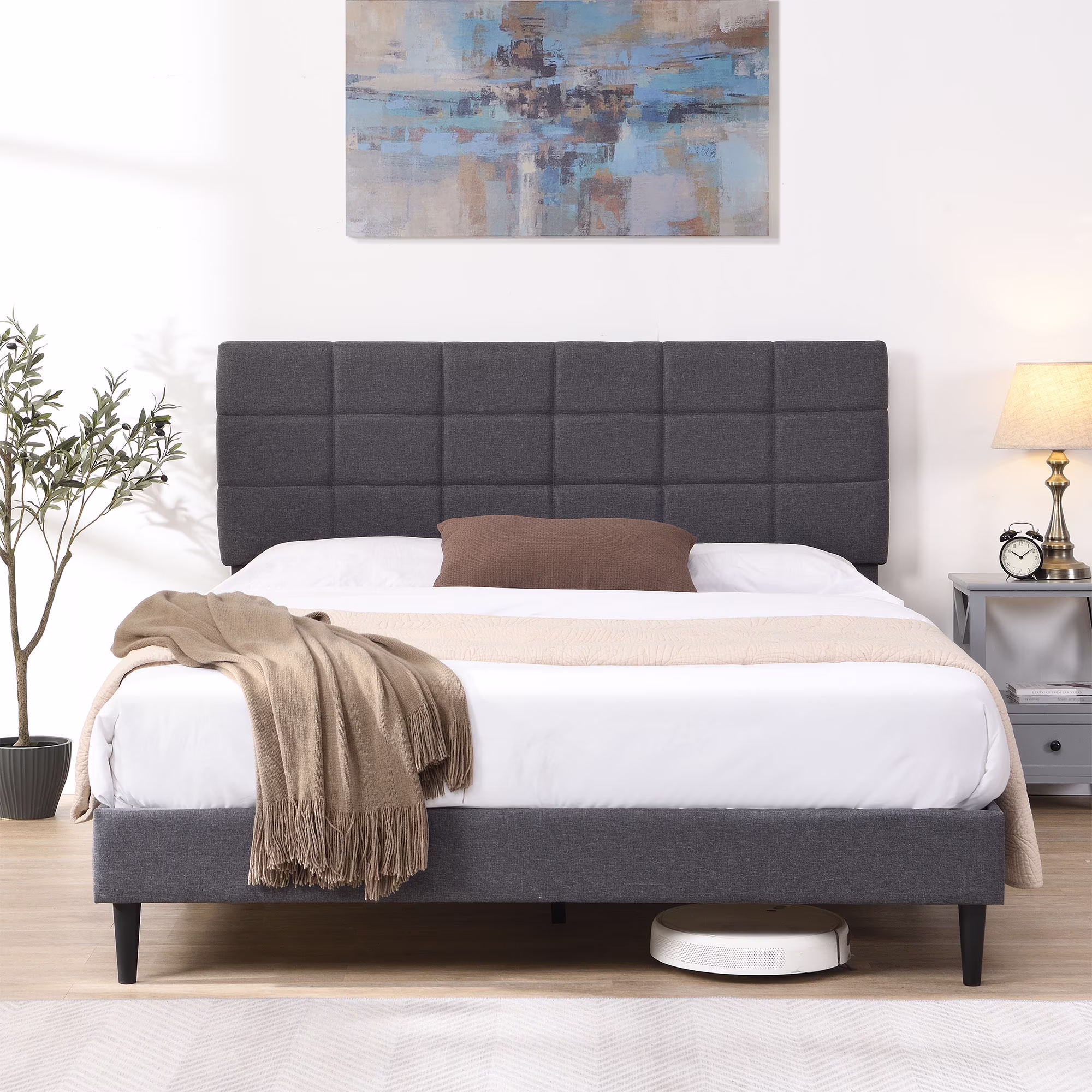 paproos Queen Upholstered Bed Frame, Platform Bed with Fabric Upholstered Headboard, Queen Floor Bed Frame, No Box Spring Needed, Easy Assembly