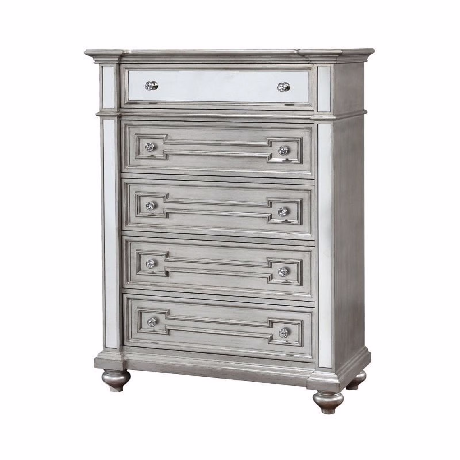 Bowery Hill 5 Drawer Mirrored Chest in Silver