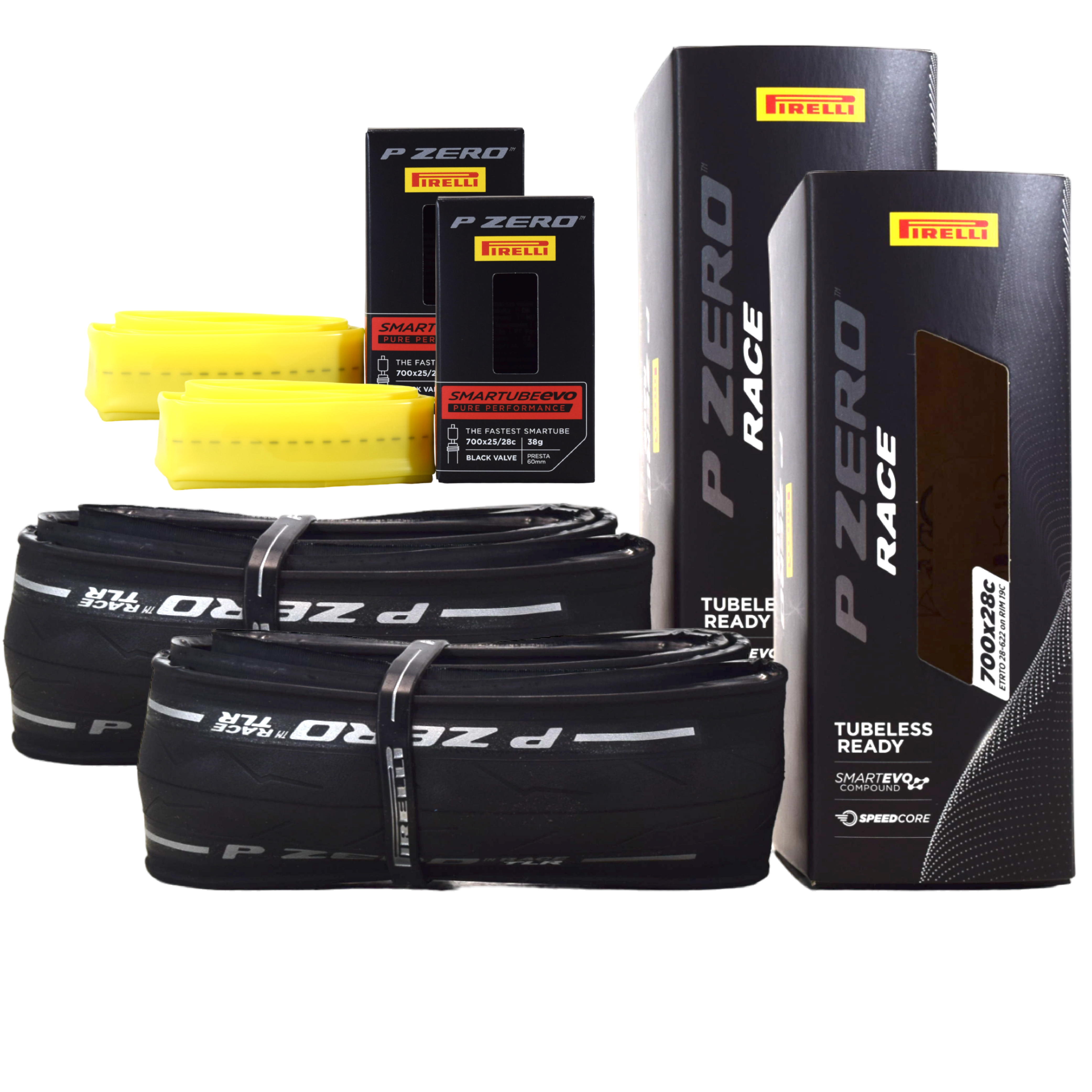 Pirelli P ZERO Race TLR 28-622 Road Bicycle Tire (700x28c) + SmarTUBE EVO 25/28-622 Presta 60mm - 2 Pack