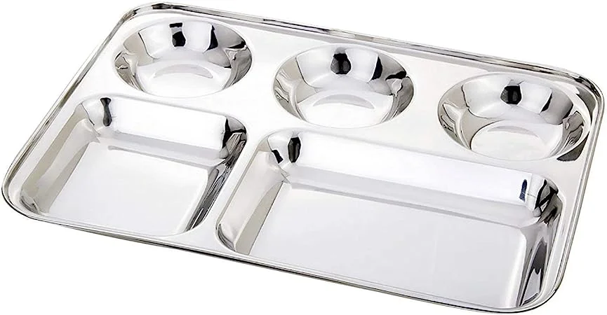 WhopperIndia Stainless Steel 5 Compartment Plate, Mess Tray, Dinner Plate, camping thali, restaurant thali, serving plate, Set of 6 pcs- 13 inch, (Silver)
