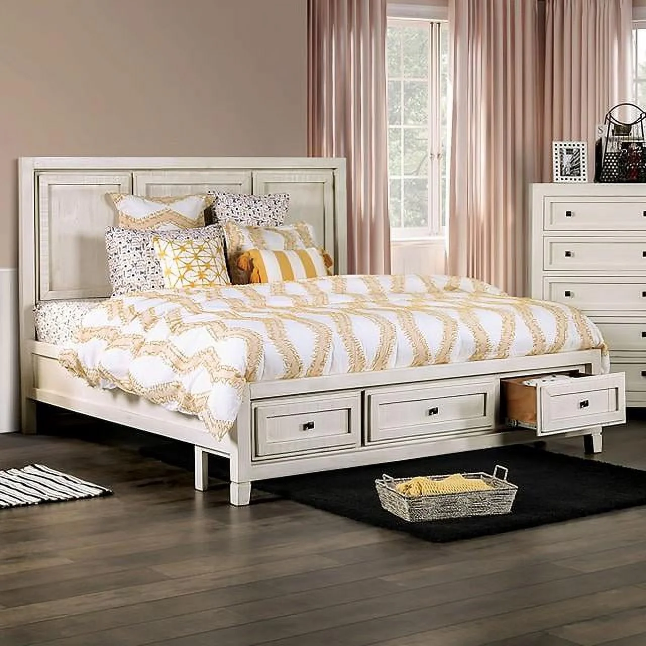 Rustic Ivory Solid Wood King Bedroom Set 5pcs FOA EM7074IV Oakridge