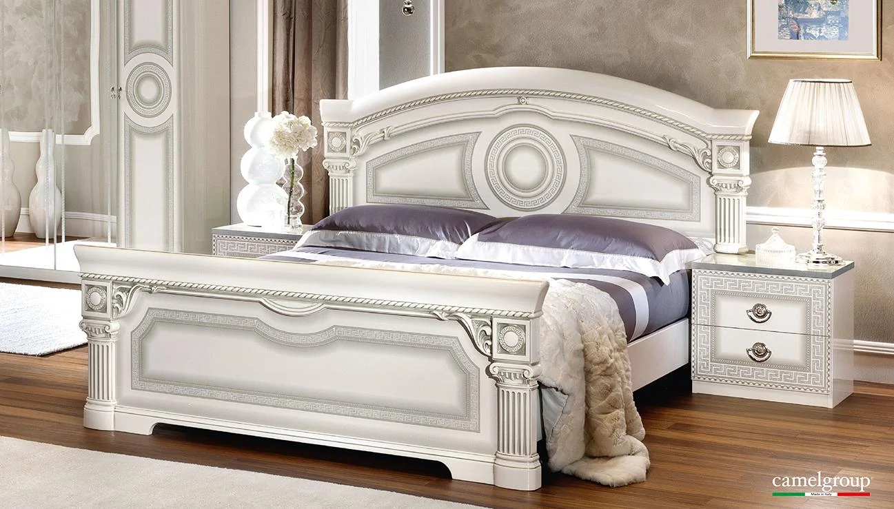 Glossy White Silver Finish King Platform Bedroom Set 3Pcs Made in Italy ESF Aida