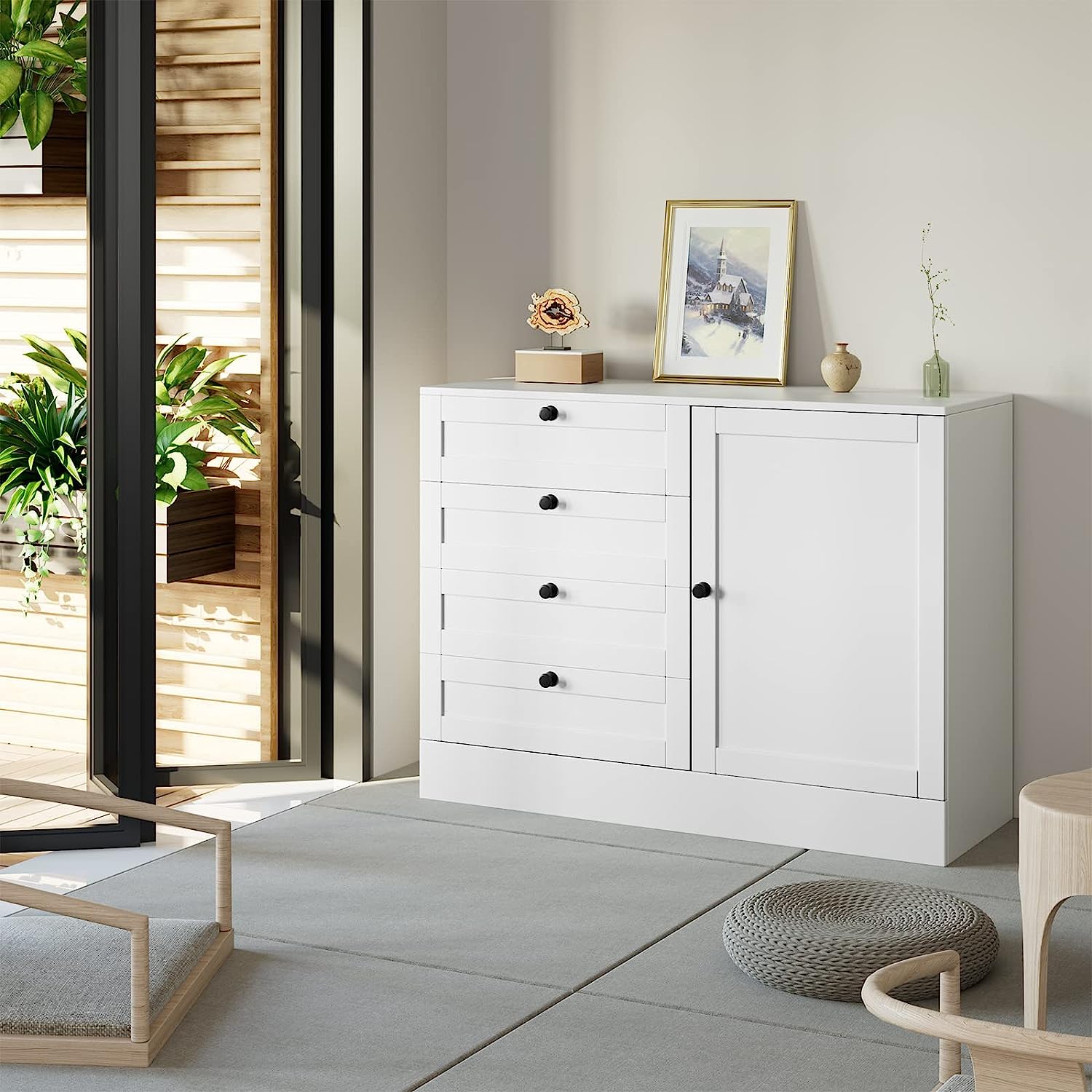 Popular 4 Drawer Dresser with Door  Wide Chest of Drawers Closet Organizers  Modern Storage Cabinet for Bedroom  Living Room  Kitchen  White  43.3" L x 15.7" D x 31.9" H