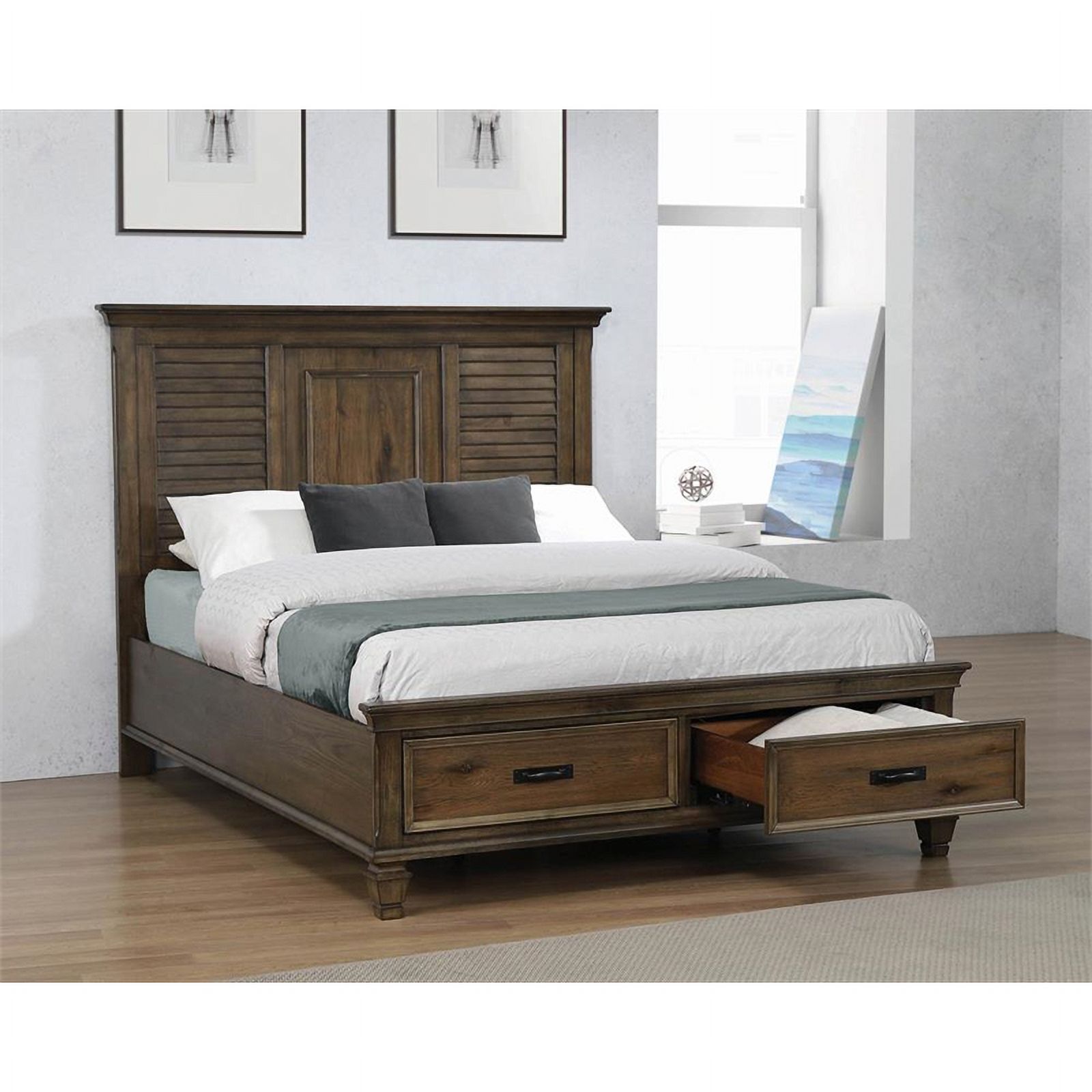 Pemberly Row Farmhouse Wood Queen Storage Bed in Burnished Oak