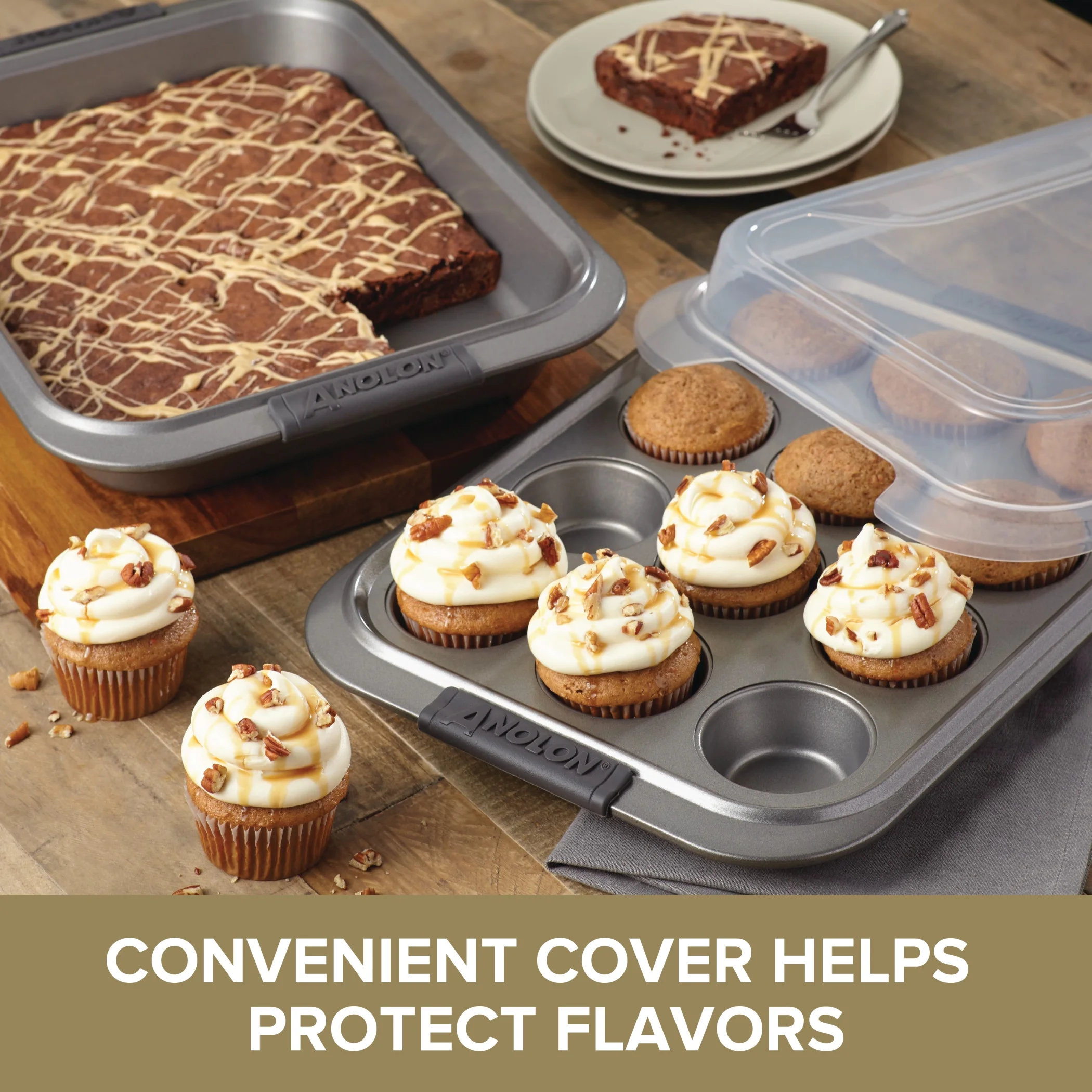 Anolon Advanced Bakeware Nonstick Cake Pan with Lid, 9-Inch x 13-Inch, Gray with Silicone Grips