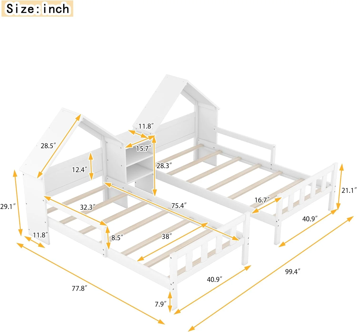 Double Bed Frames For Kids,Wood Double House Bed With House-Shaped Headboard And A Built-In Nightstand, Side By Side Montessori Bed For Kids Girls Boys,White