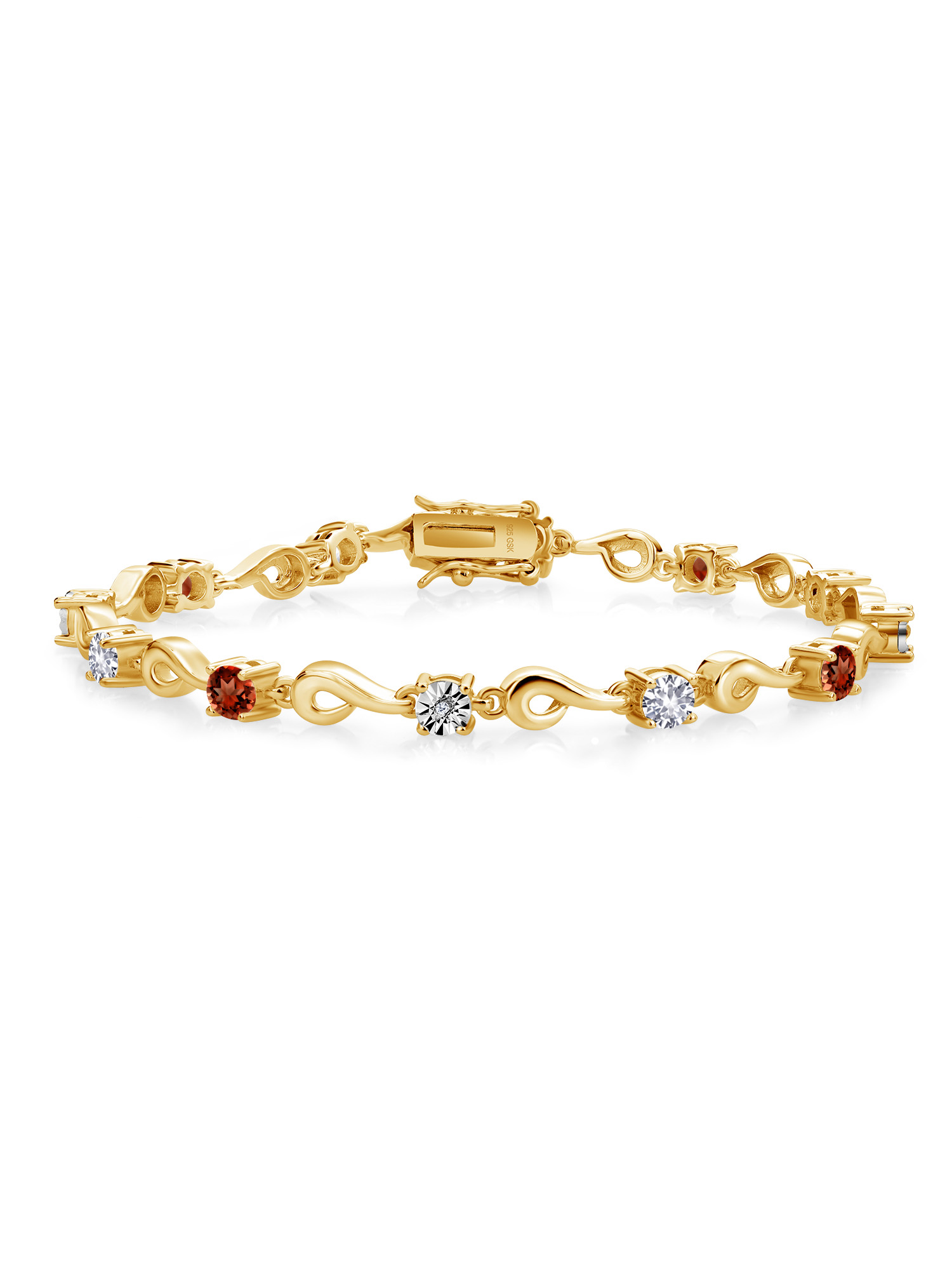 Gem Stone King 18K Yellow Gold Plated Silver Sky Blue Aquamarine and Red Garnet and White Lab Grown Diamond Bracelet For Women (2.75 Cttw, Gemstone March Birthstone, Round 4MM, 7 inch)