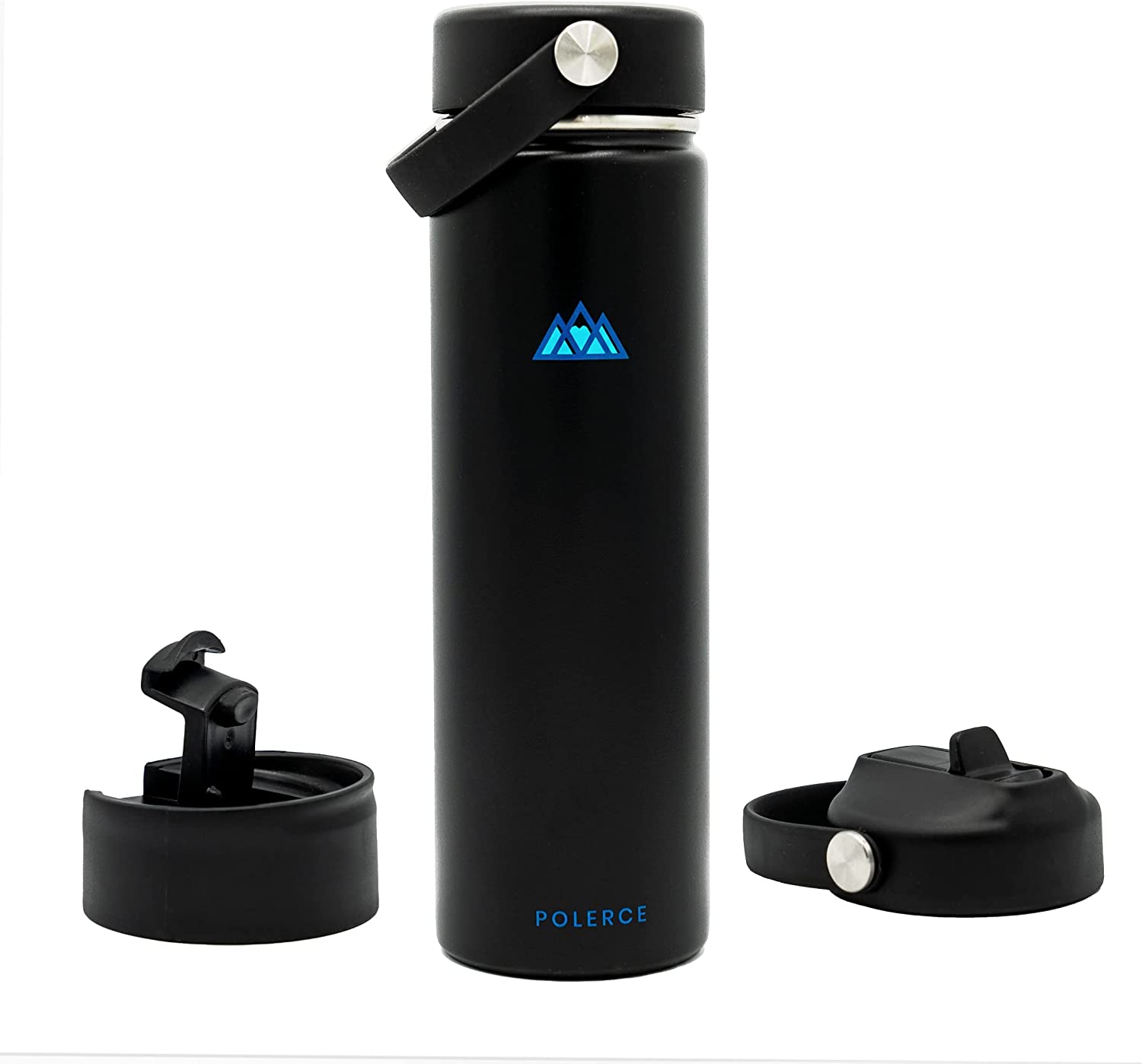 Vacuum Insulated Bottle with 3 Lids - Stainless Steel Thermally Insulated Flask - by Polerce (21 Oz, Black)