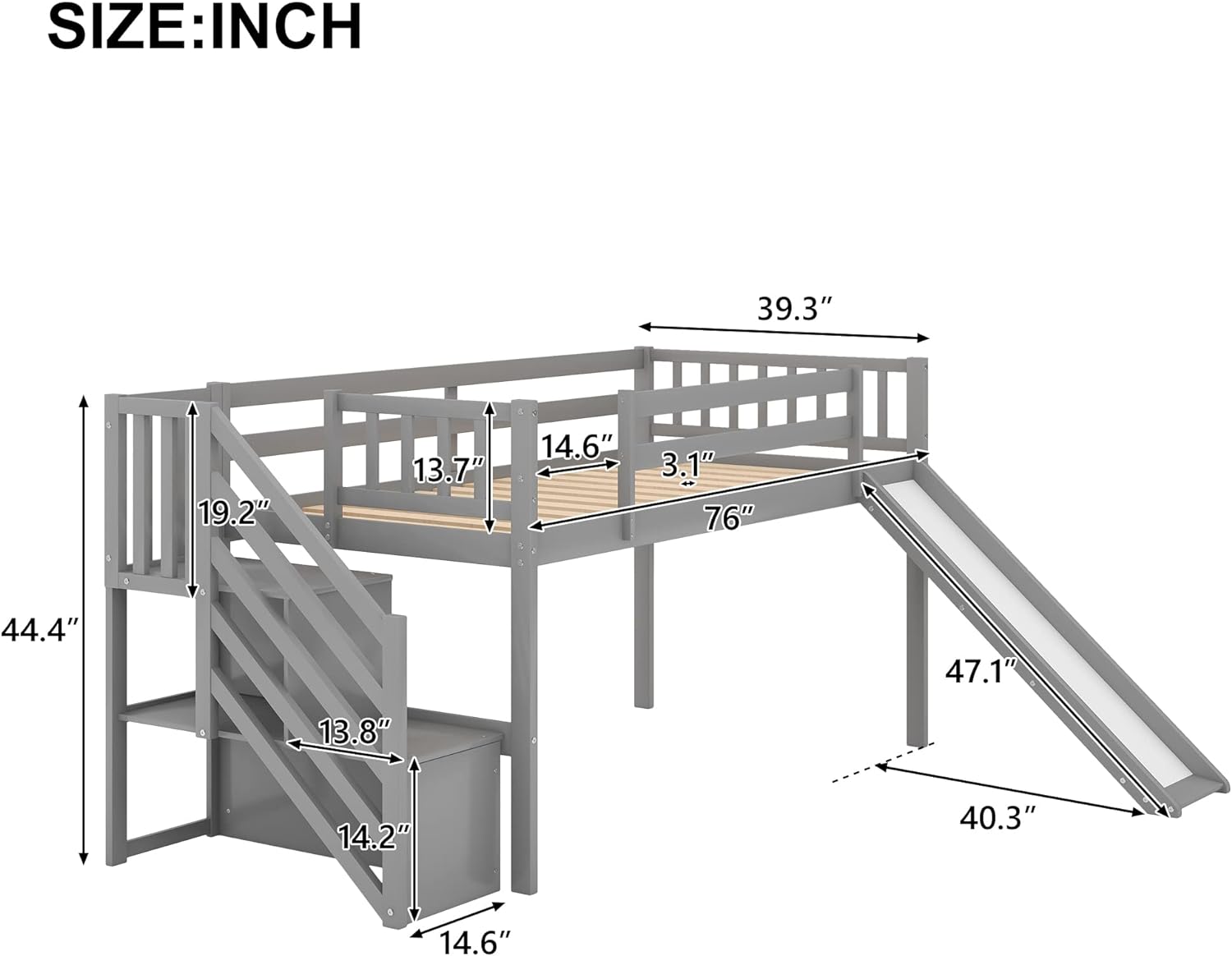 Low Lof Bed, Low Lof Bed Wih Slide, Low Lof Bed Wih Sorage Shelves, Wood Low Lof Bed Frame Wih Saircase And Guardrail For Kids Boys Girls, No Box Spring Needed, Grey