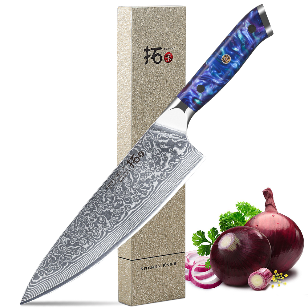 TURWHO 8inch Chef Knife Japanese VG10 Damascus Steel Kitchen Knife, Cook Knife, with Blue Resin Handle