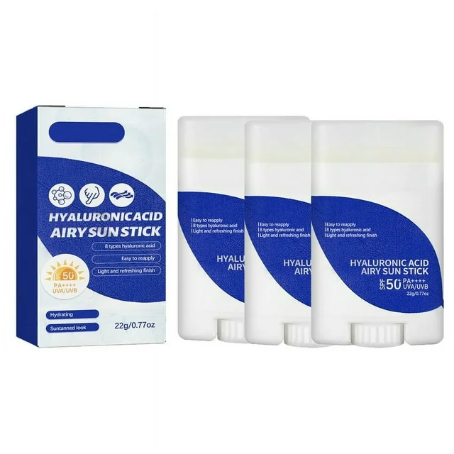 Hyaluronic Acid Airy Sun Stick SPF 50+ PA++++ 0.77 oz - Effective UV Protection with 8 Types of Hyaluronic Acid, Reef-safe, Non-nano Sunscreen 3PCS