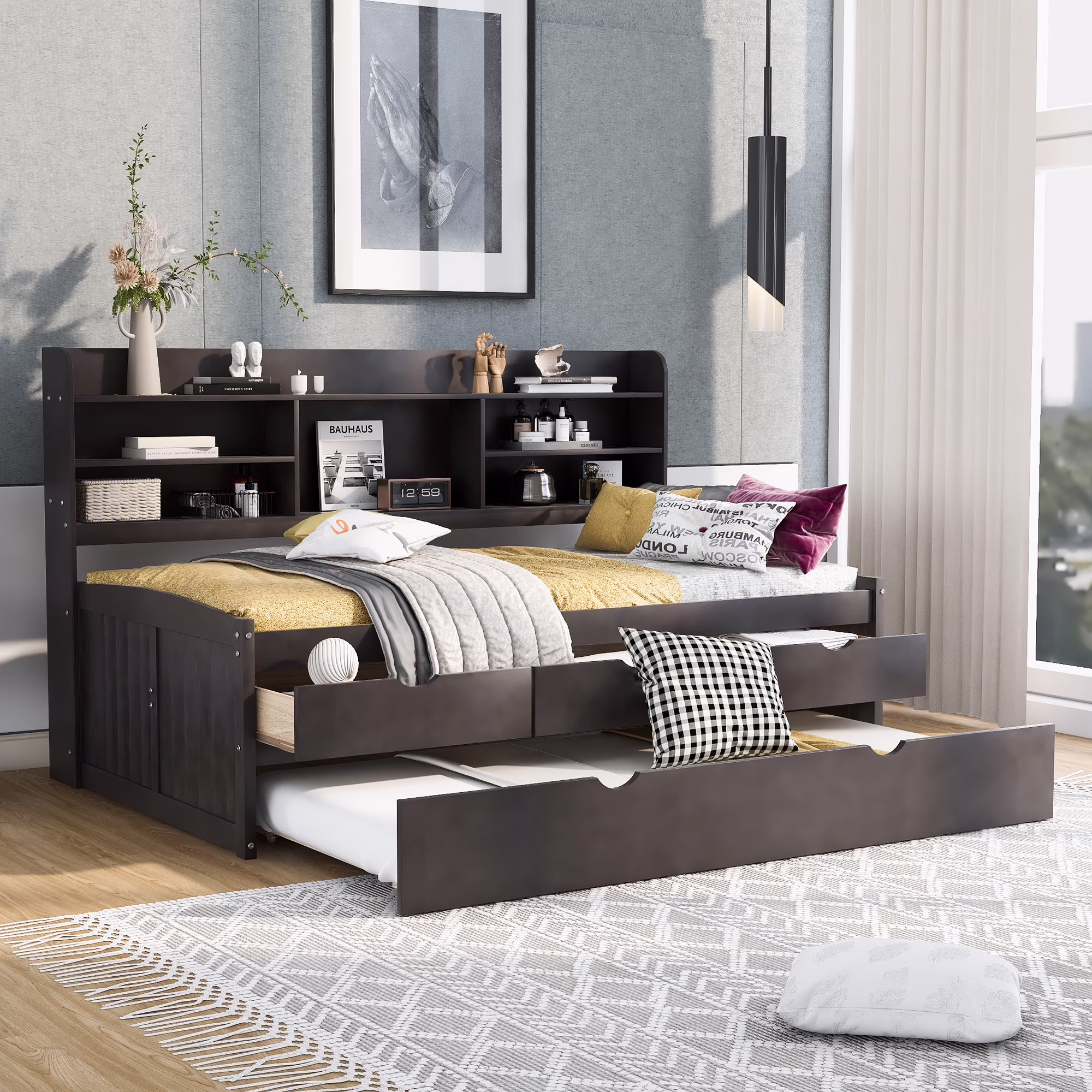 Euroco Wood Twin Size Daybed with Shelf, Trundle and Drawers, Wood Captin Platform Bed with Staorage, 3 Drawers and Trundle, Antique Gray