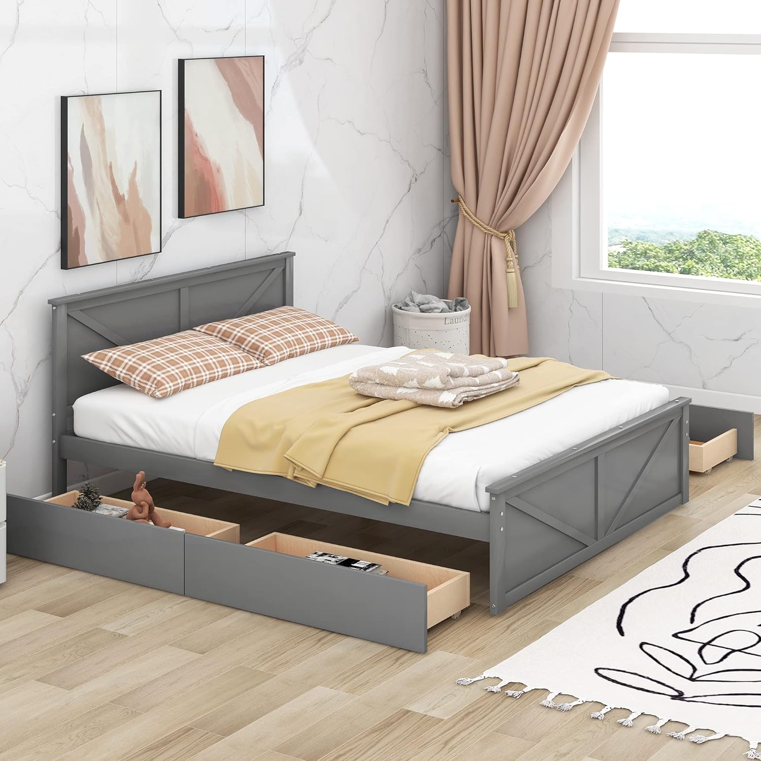 Queen Bed Frame With 4 Storage Drawers Wood Platform Bed With Headboard And Footboard Panel Beds With Slats For Boys, Girls, Kids, Teens, Gray