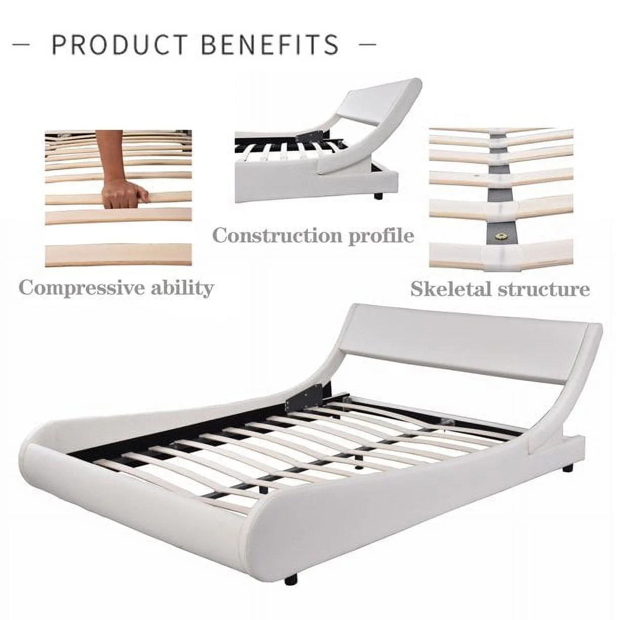 Amolife Full Size Faux Leather Low Profile Sleigh Modern Platform Bed Frame with Adjustable Headboard, White