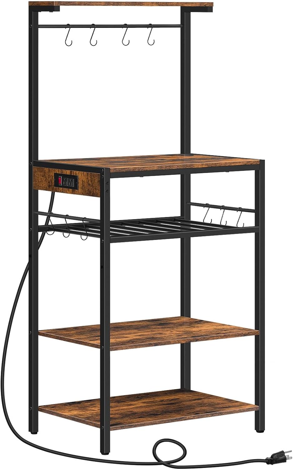 Kitchen Bakers Rack with Power Outlet, 5-Tier Coffee Bar with Adjustable Wine Rack, Microwave Stand with 10 S-Shaped Hooks, Kitchen Storage Shelf Rack, Rustic Brown BG60UHB01